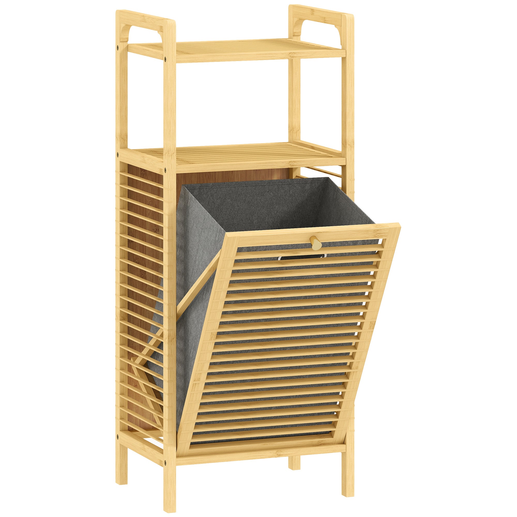 Bamboo Laundry Cabinet with Slatted Door, Bathroom Cabinet with Tilt-Out Hamper and Removable Liner Bag, 40 x 30D x 95 cm, Natural Wood Finish