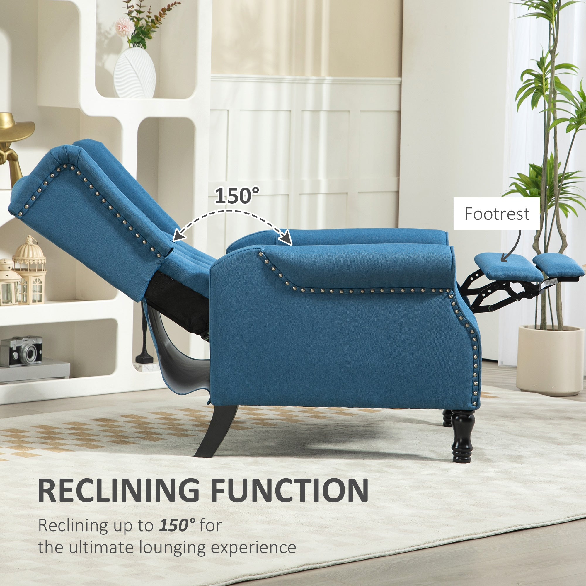 150° Reclining Vintage Armchair, with footrest - Blue