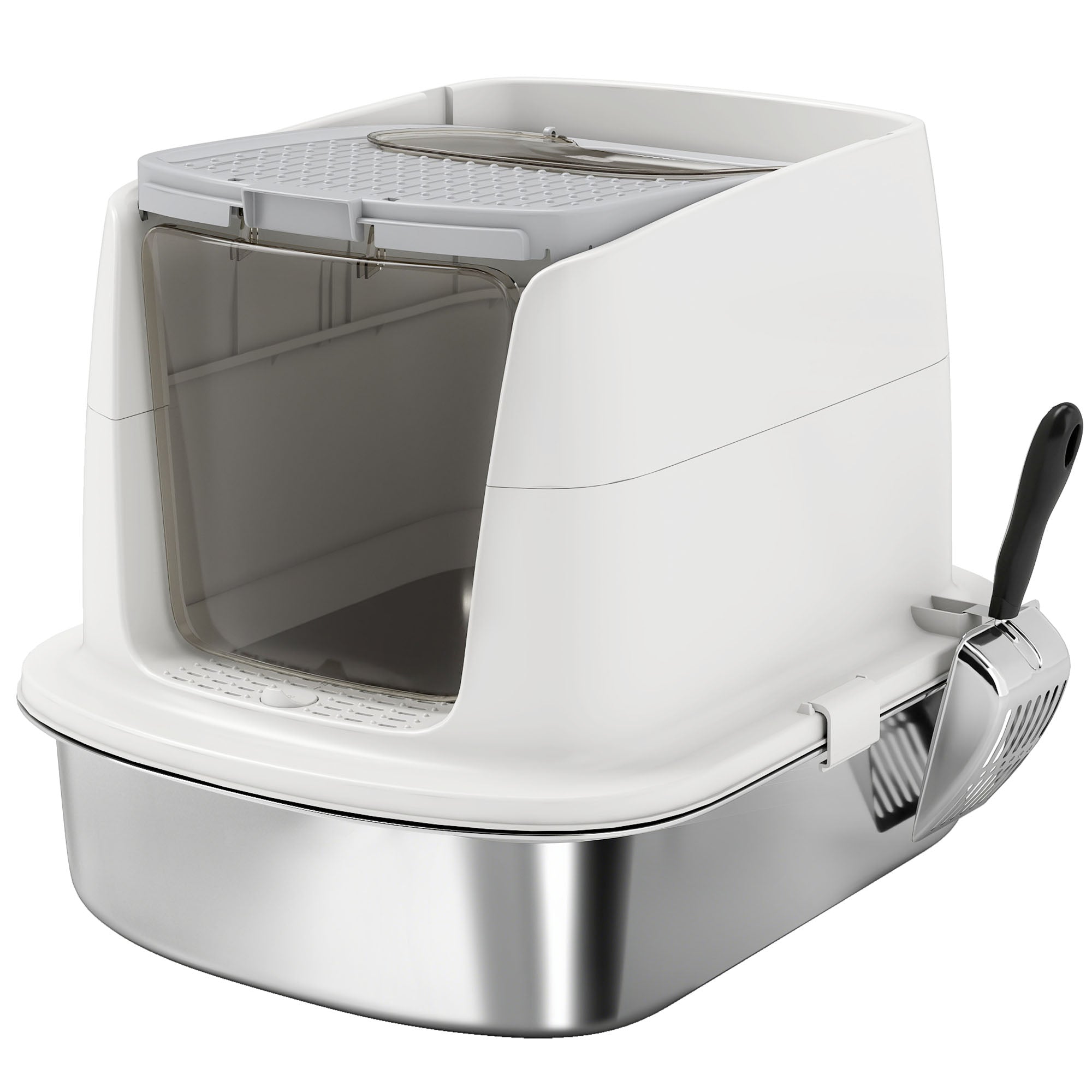 Large Stainless Steel Litter Box, Enclosed Metal Cat Litter Tray with Scoop, Deodoriser Bag, Front-Entry and Top-Exit