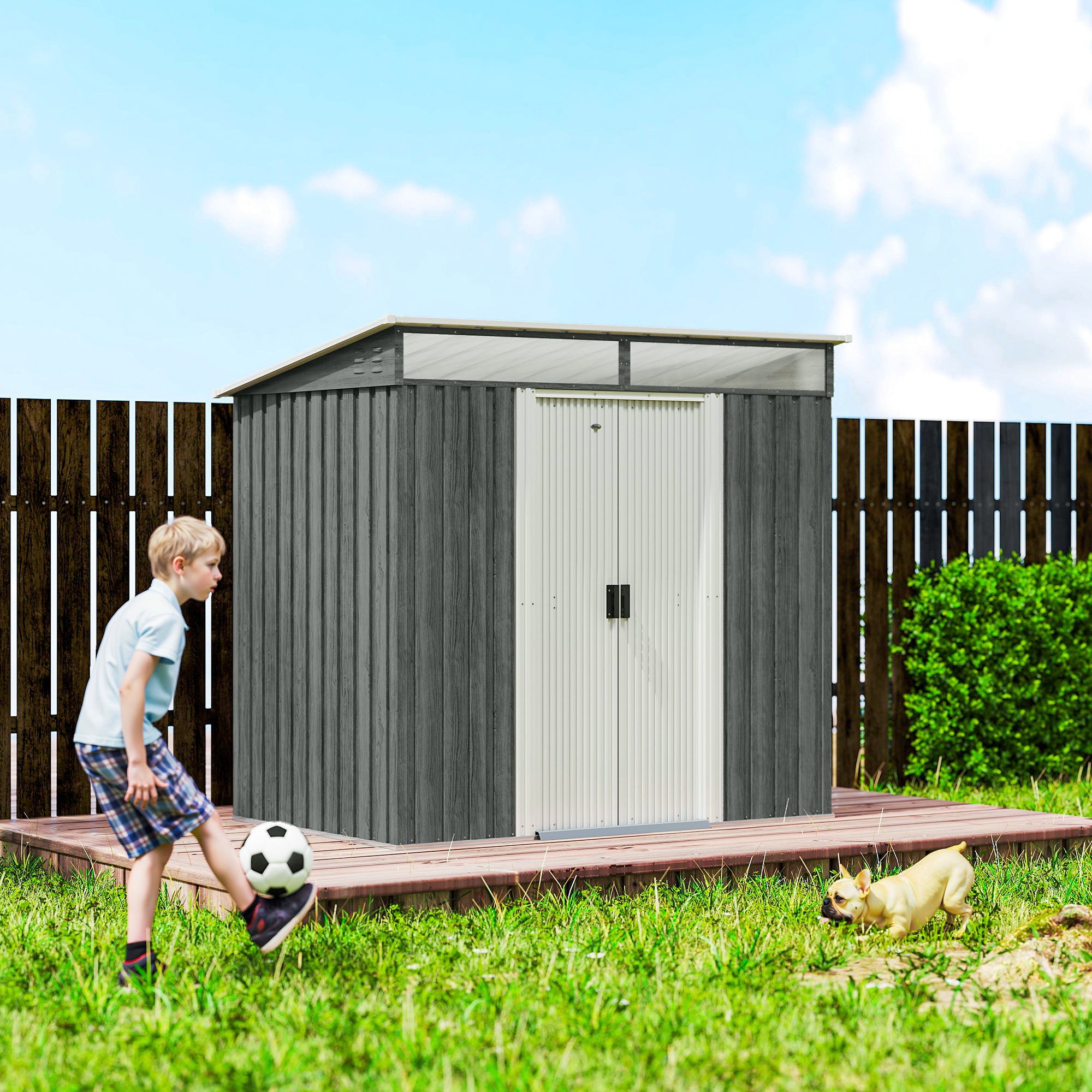 6.5 x 4FT Galvanised Metal Shed with Foundation Kit, Lockable Tool Garden Shed with Double Sliding Doors, Vents, Light Grey Wood Effect