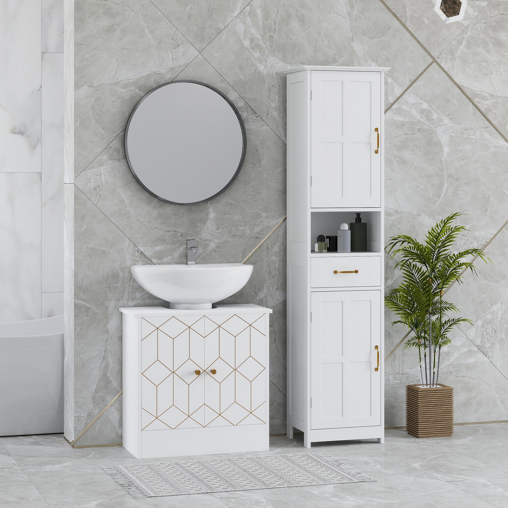 Under Sink Bathroom Cabinet with Adjustable Shelf and Open Compartment 60x30x60cm - White