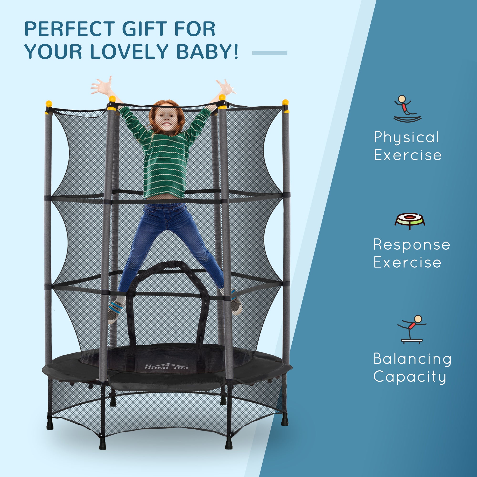 4.6FT/55" Kids Trampoline with Safety Enclosure, Outdoor Indoor Use, for Ages 3-10 Years, Black