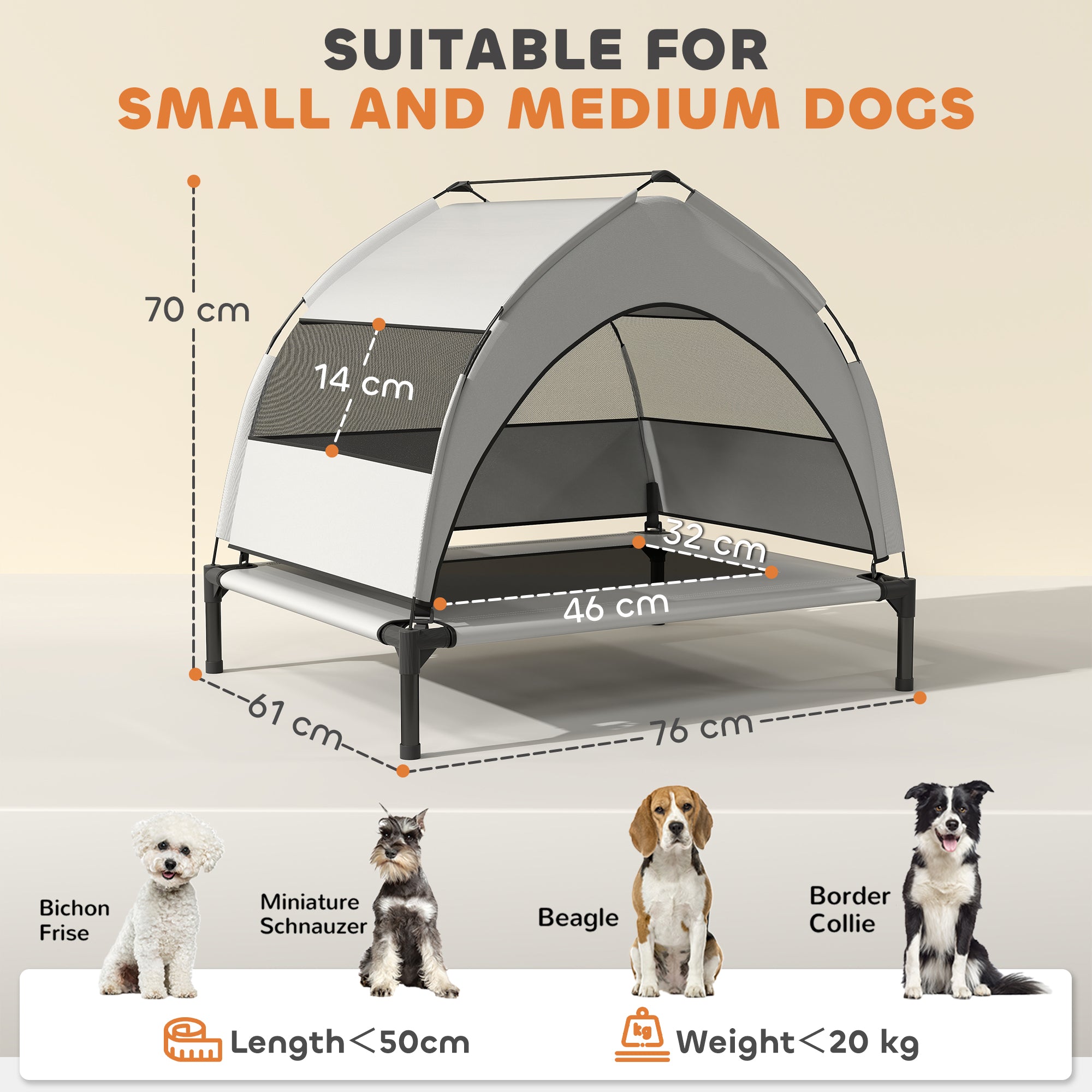 Portable Elevated Dog Bed with Removable Canopy, Cooling Raised Pet Cot for Small Medium Dogs, 76 x 61 x 70 cm