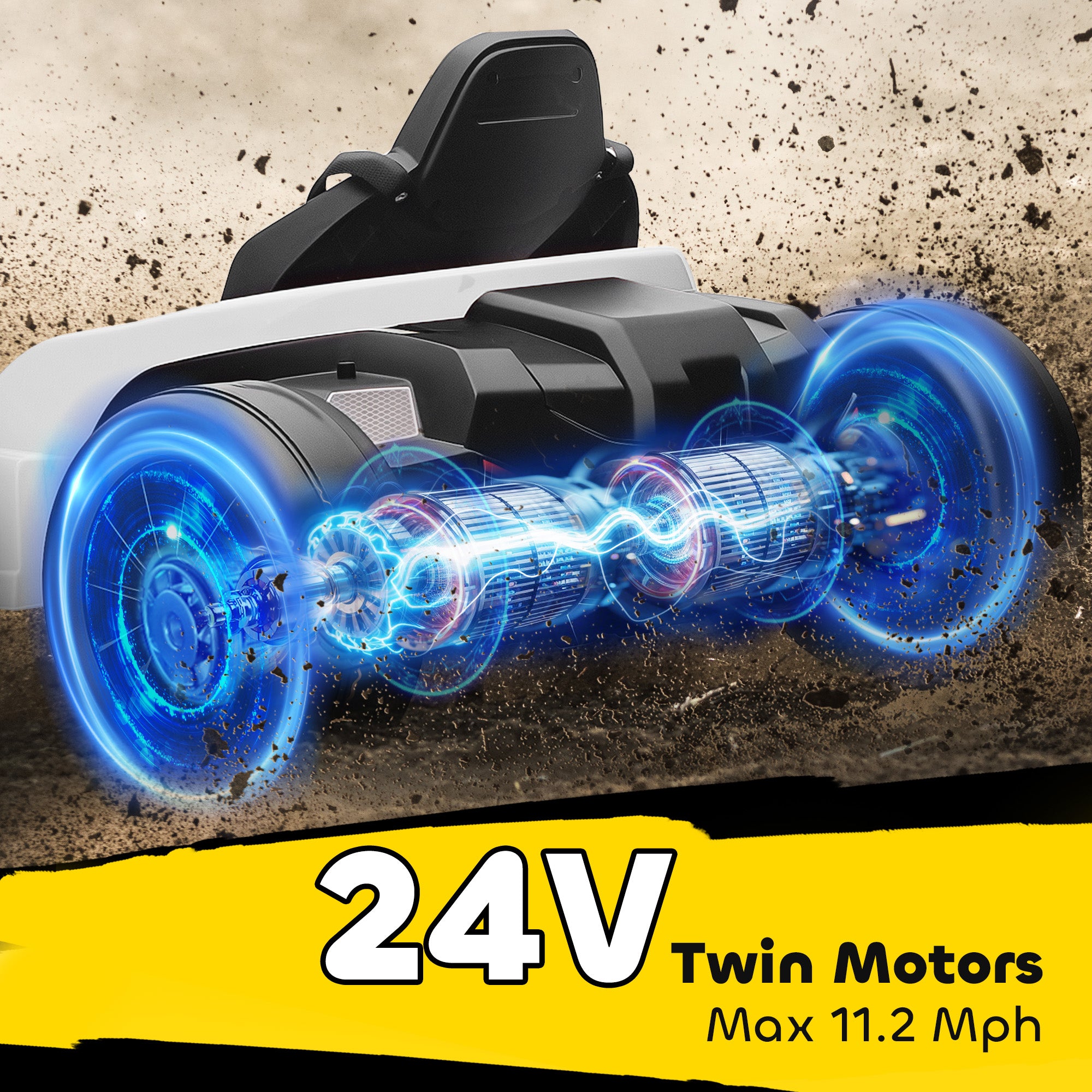24V Electric Go Kart, Drift Kart with Adjustable Seat, Slow Start, 5-Point Harness, Music, Horn, for 6-12 Years, White