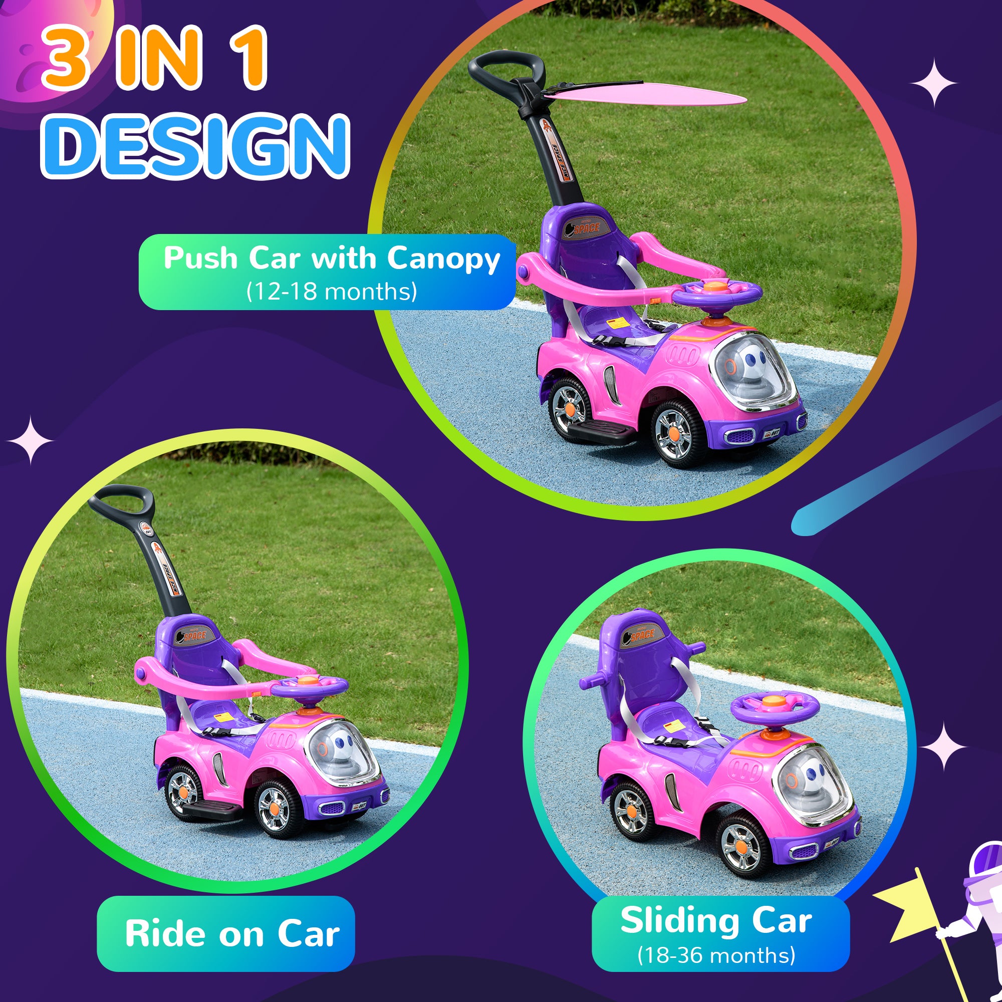 3 in 1 Ride on Push Car, Cartoon Robot Theme Foot to Floor Slider w/ Handle Light Music Horn, Storage - Pink