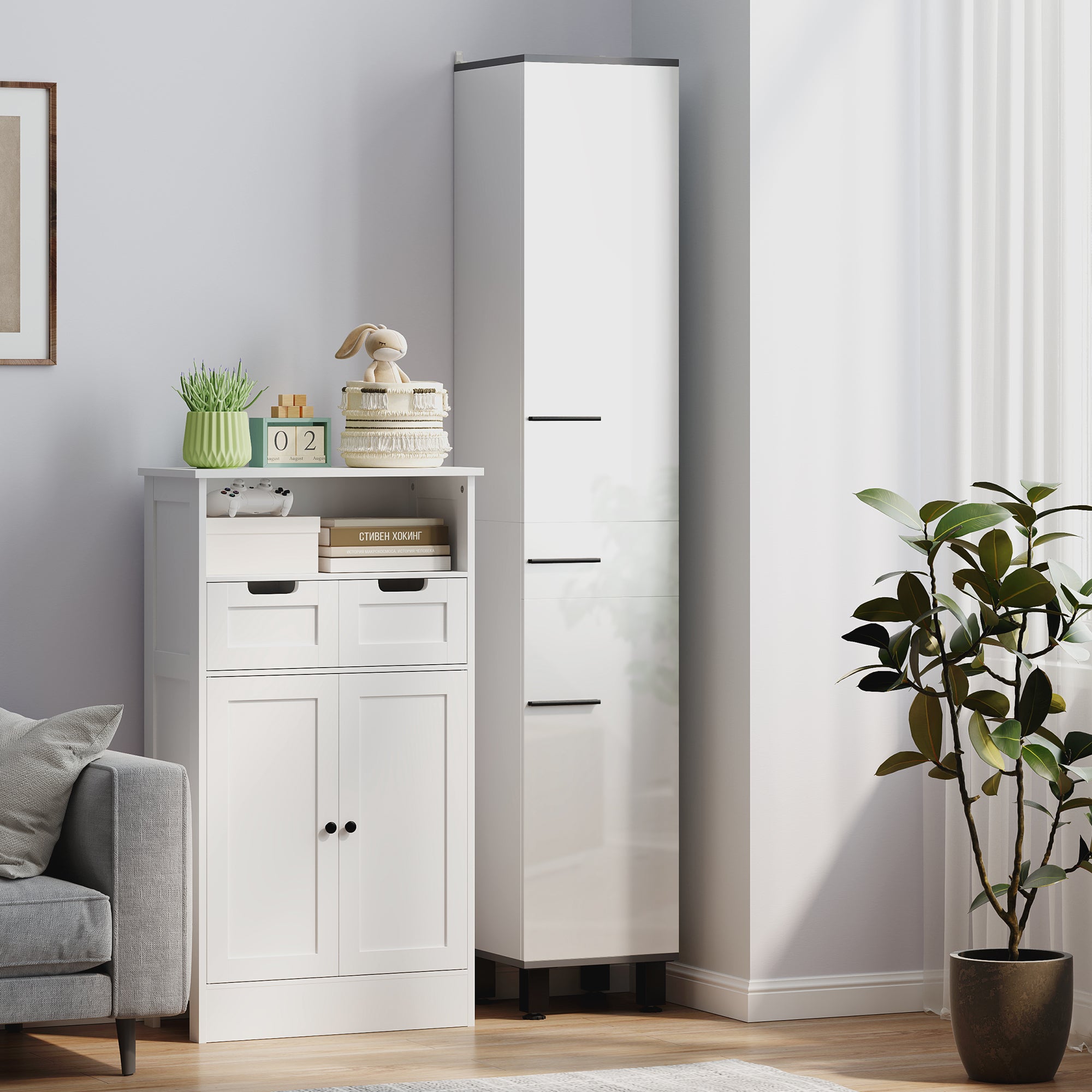 190cm Slim Bathroom Storage Cabinet - White