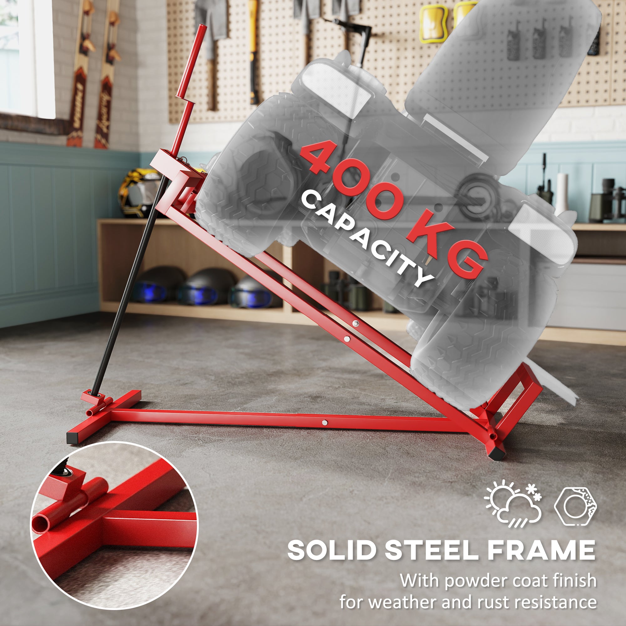 400 kg Foldable Ride-On Mower Jack Lift, Adjustable Steel Lifting Device, for Lawn Mower, ATV, Red