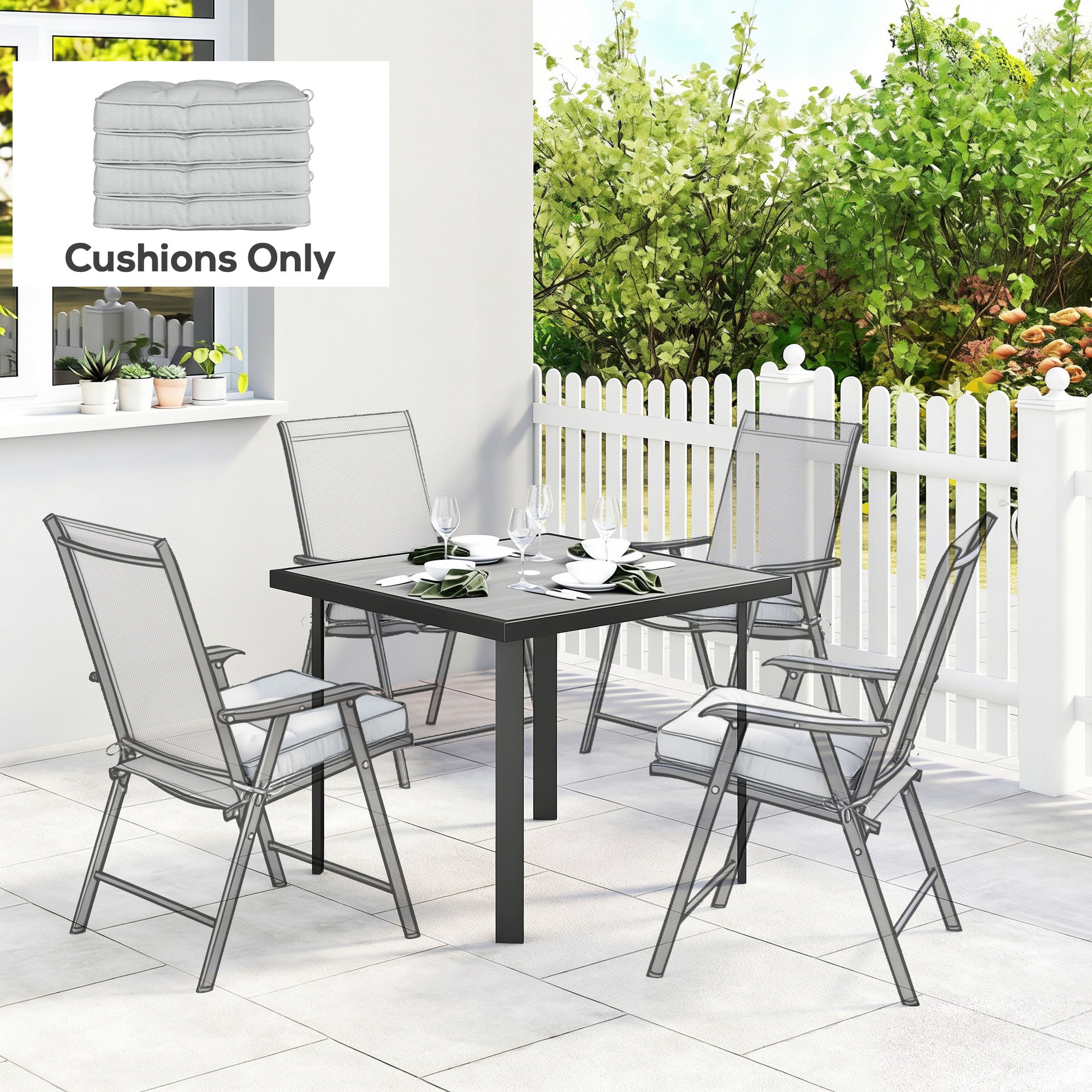 Set of 4 Garden Seat Cushion with Ties, 42 x 42cm Replacement Dining Chair Seat Pad, Light Grey