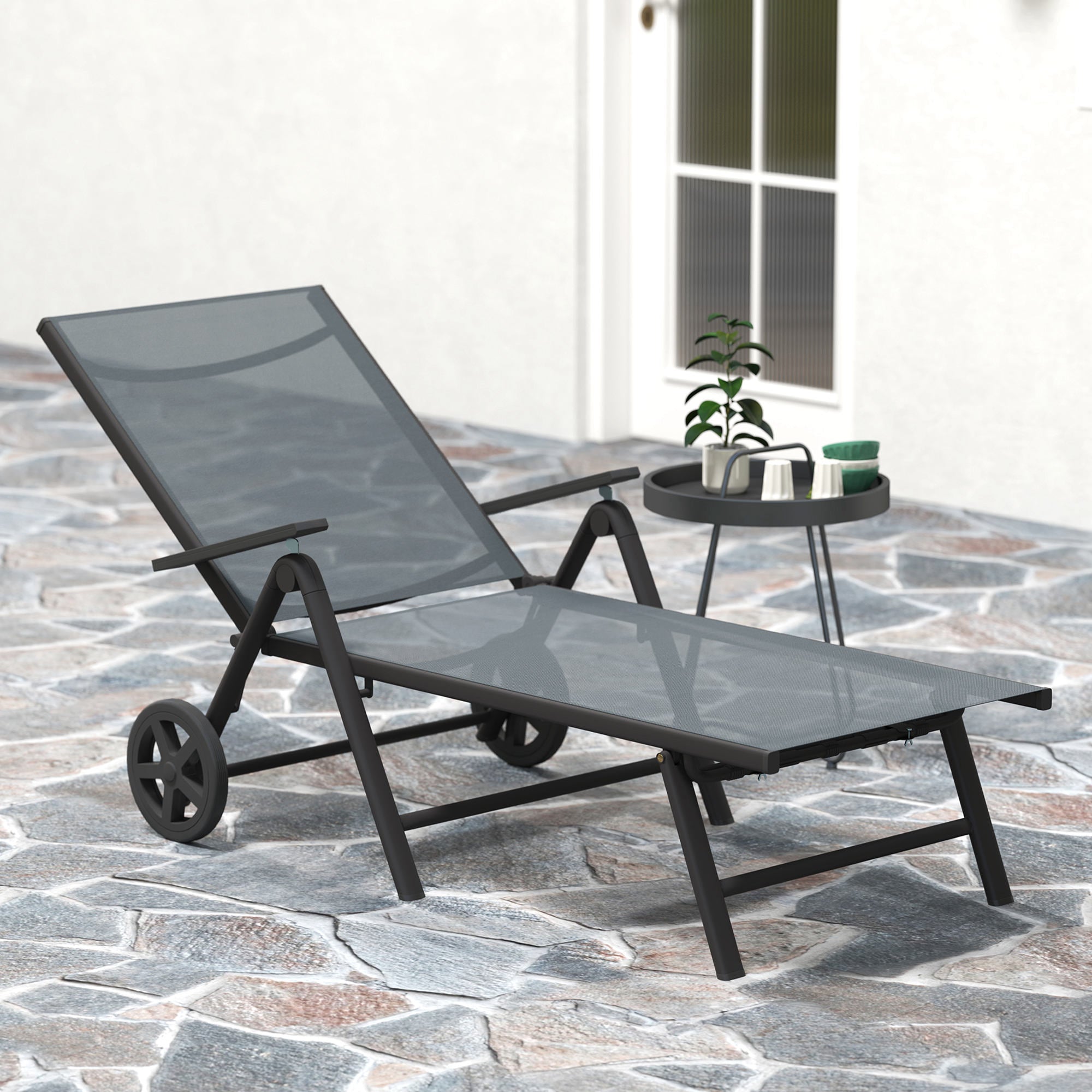 Folding Sun Lounger with Wheels and Adjustable Backrest - Grey