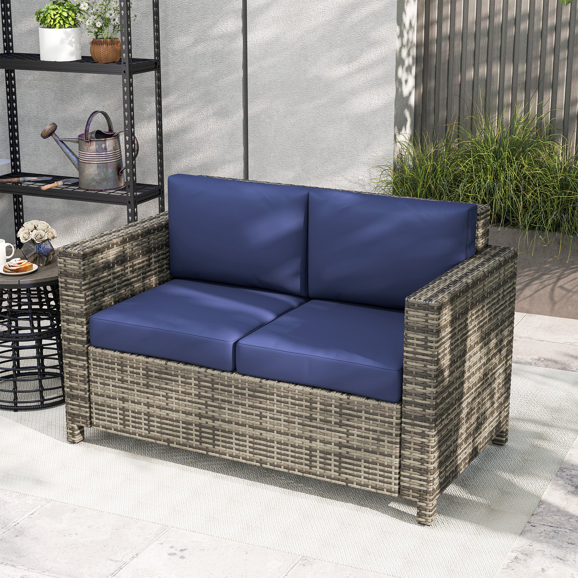 2 Seater Rattan Garden Sofa with Padded Cushions and Armrests Navy Blue