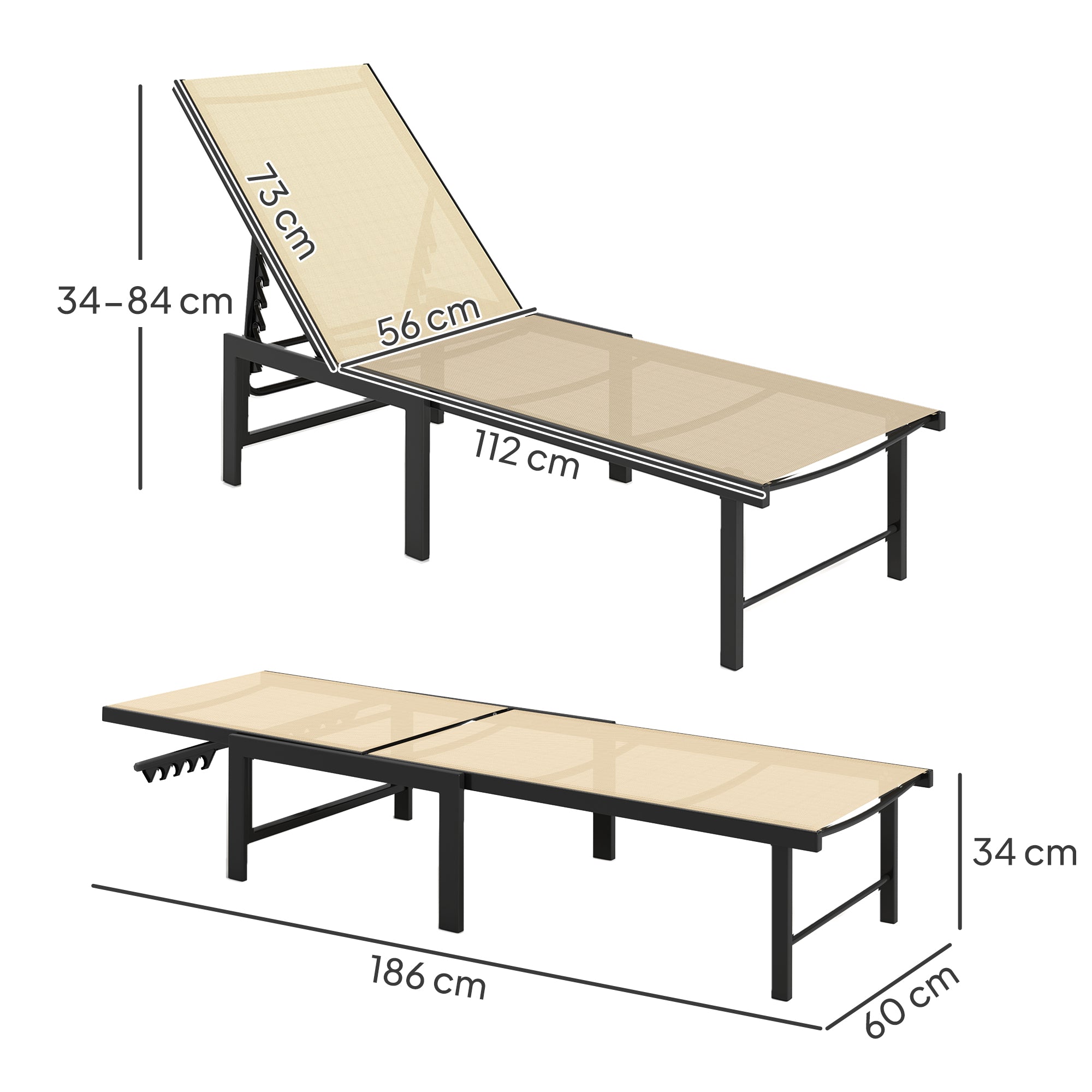 5-Level Adjustable Sun Lounger Chair with Texteline Seat and Steel Frame for Garden, Patio, Beach - Khaki