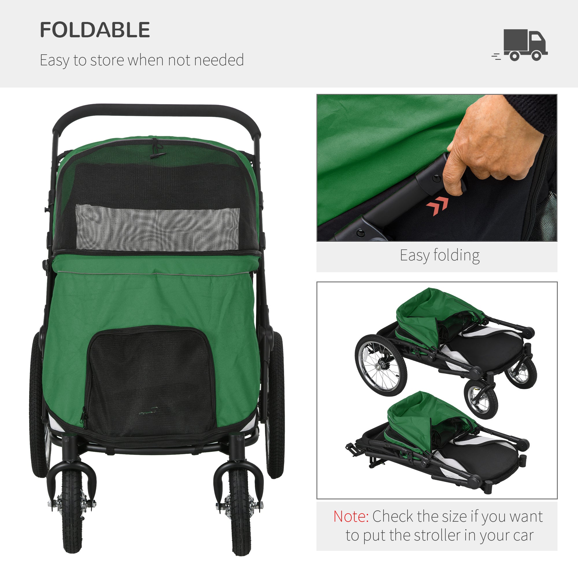 Foldable Pet Stroller, with Washable Cushion, Storage Bags, Safety Leash, for Medium, Large Dogs, Catts, Travel - Green