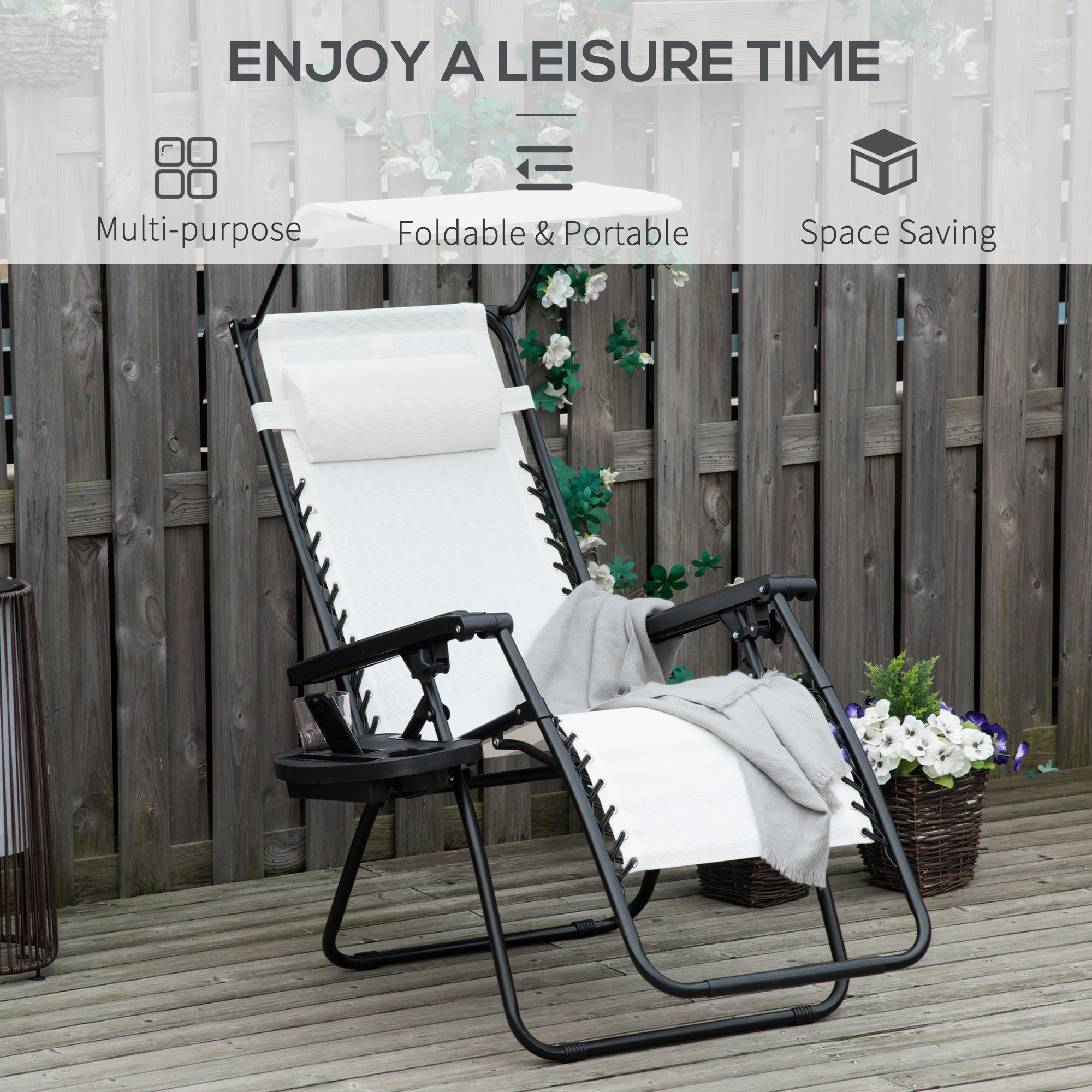 2 Piece Foldable Reclining Garden Chairs with Canopy - White
