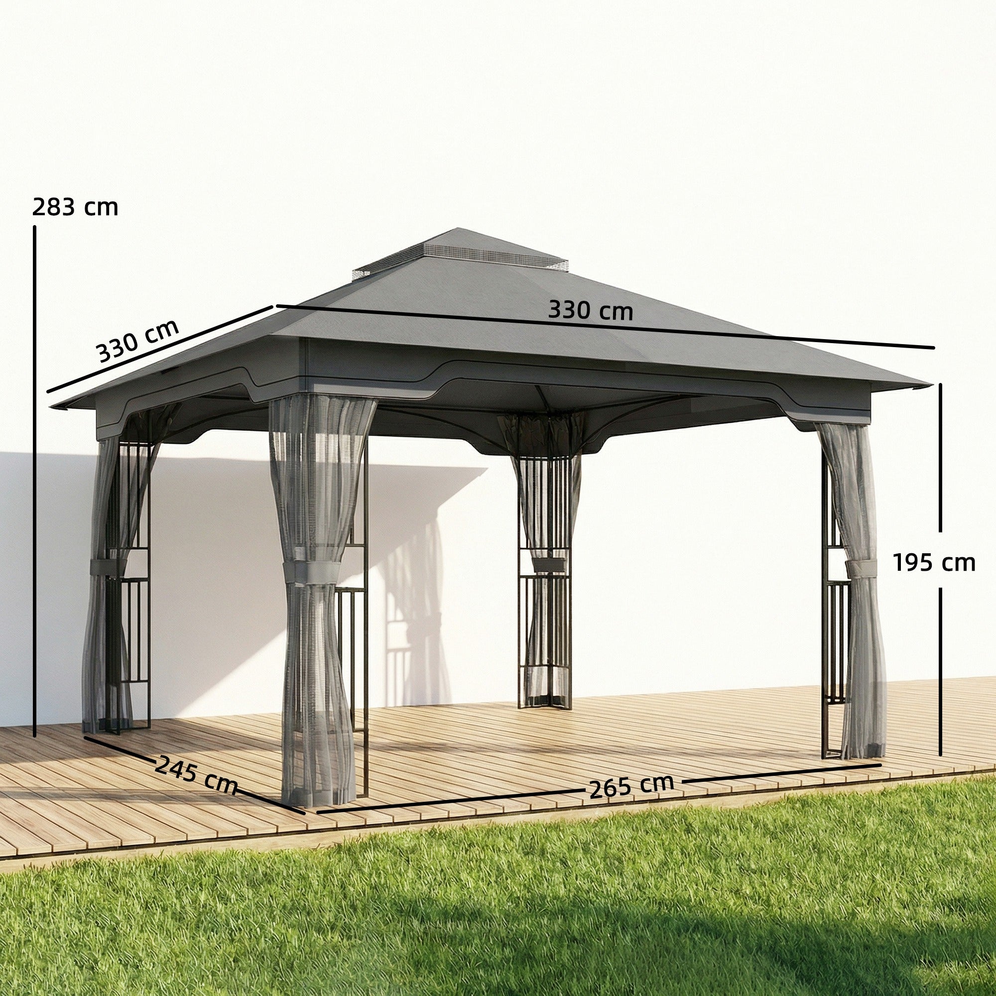 3.3 x 3.3 m Outdoor Garden Gazebo with Post Shelves, UPF50+ Patio Permanent Pavilion with Hook, Dark Grey