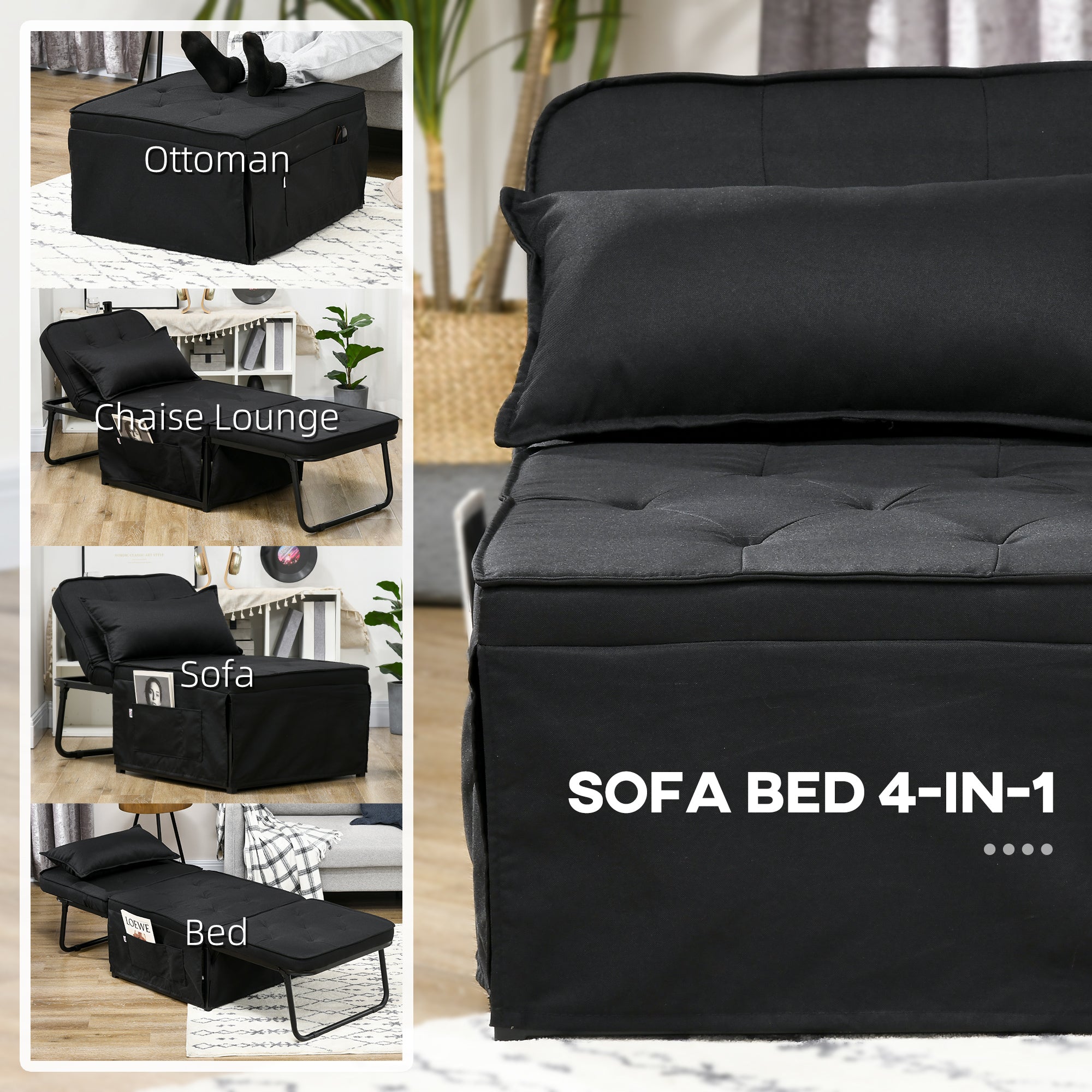 Fabric Sleeper Chair, Folding Chair Bed with Adjustable Backrest, Pillow, Side Pockets for Living Room, Black