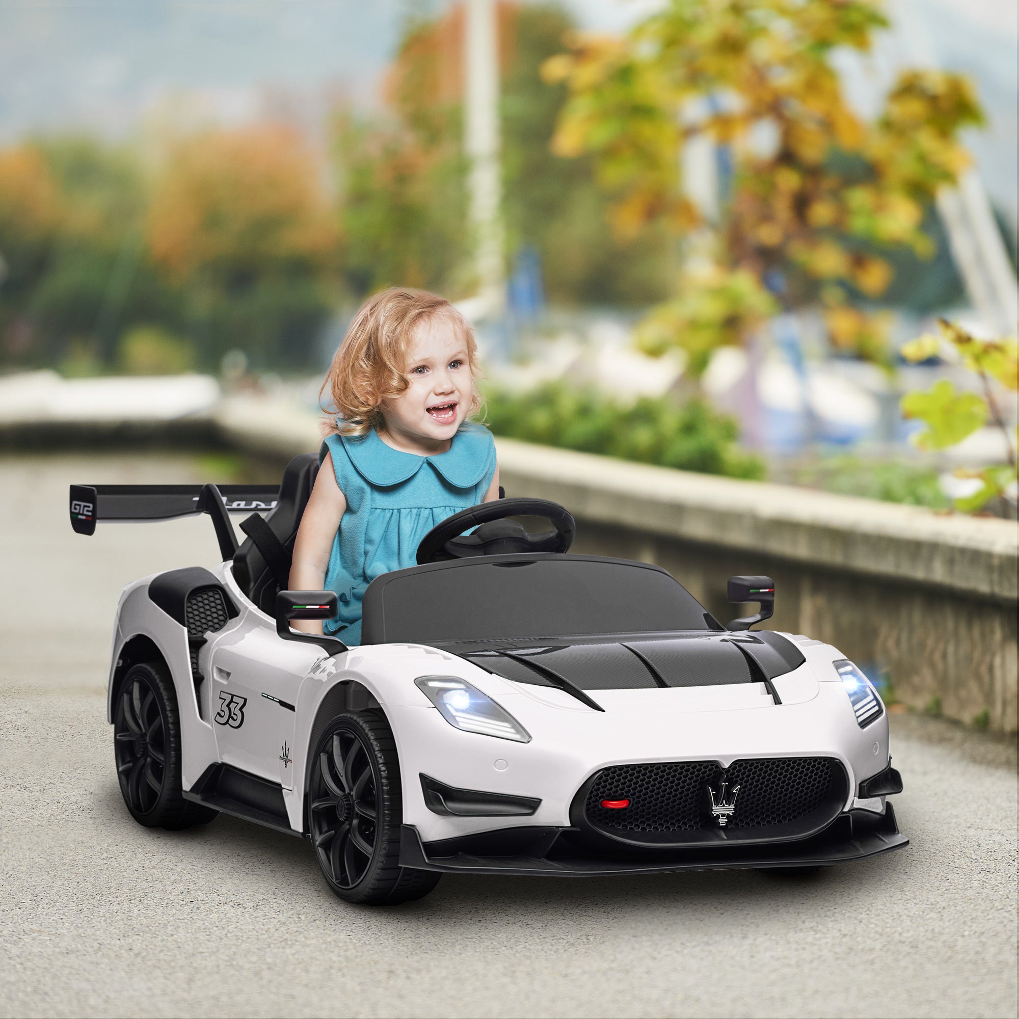 Maserati GT2 Licensed 12V Kids Electric Ride on Car with 4 Suspension, Remote Control Music Horn Lights - White