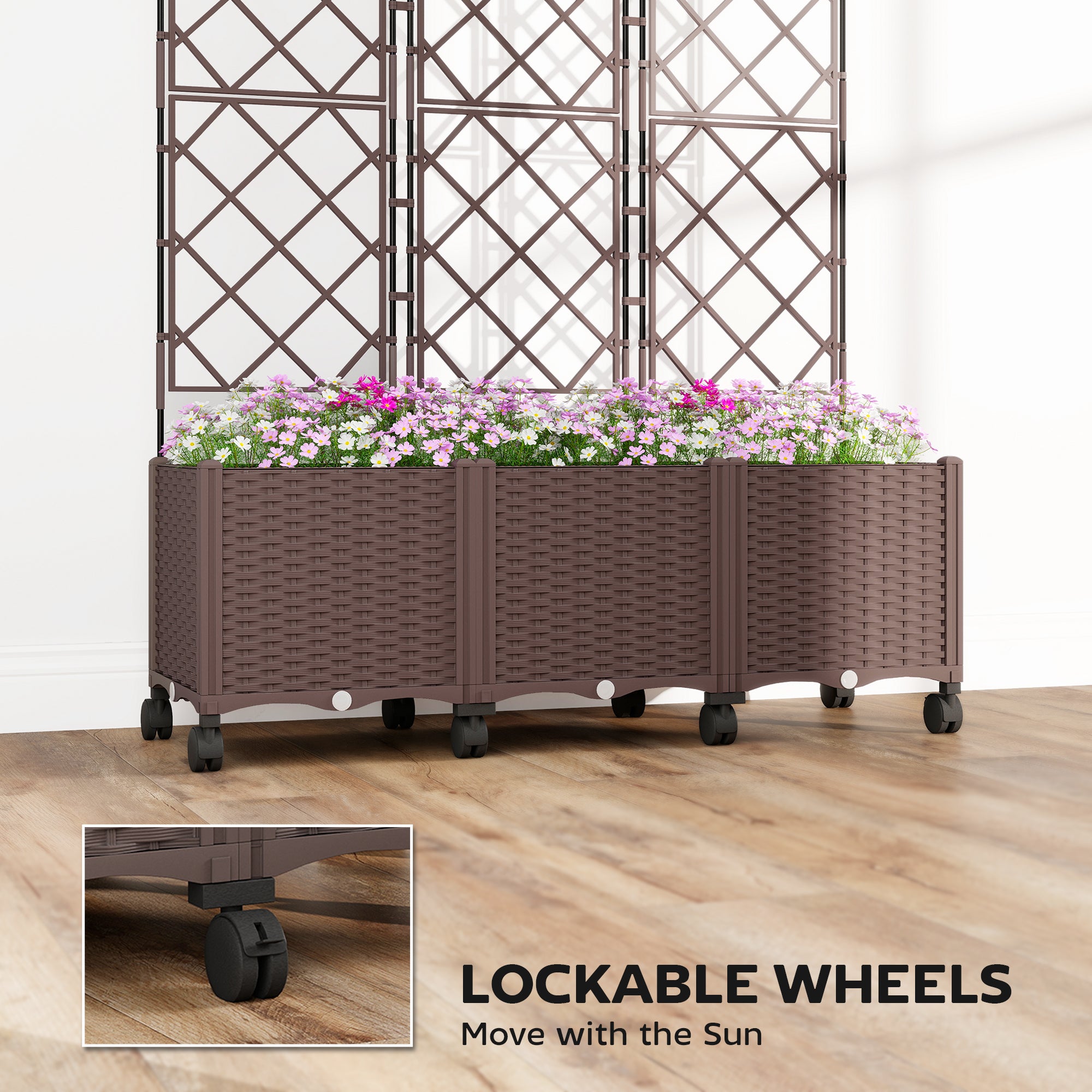 Plastic Raised Planter with Trellis, Self Watering Raised Bed for Garden with Wheels, Drainage Holes and Plugs