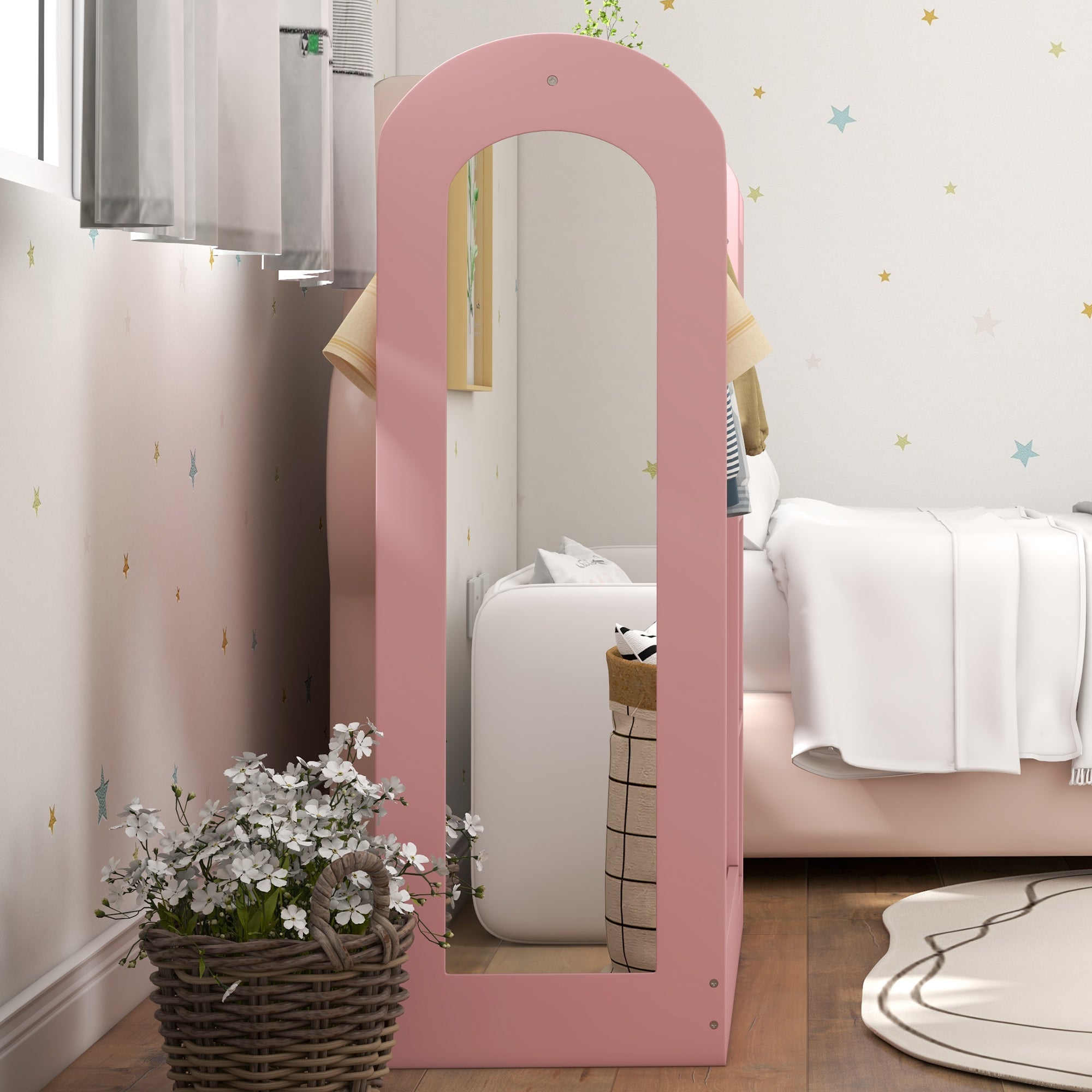 Kids Clothes Rail with Storage Shelf, Boxes, Mirror for Bedroom, Nursery, Pink