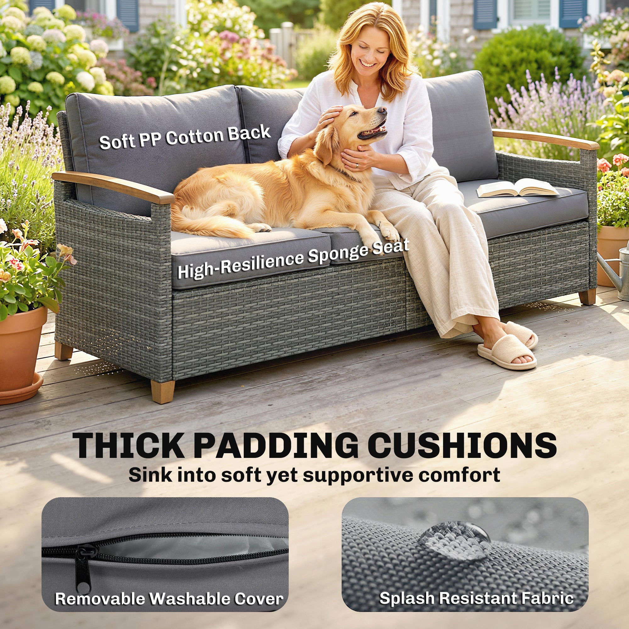 3 Seater Rattan Garden Sofa, PE Wicker Outdoor Sofa Wide Deep Seat, 4" Cushions, Wood-Effect Armrests Legs, Dark Grey
