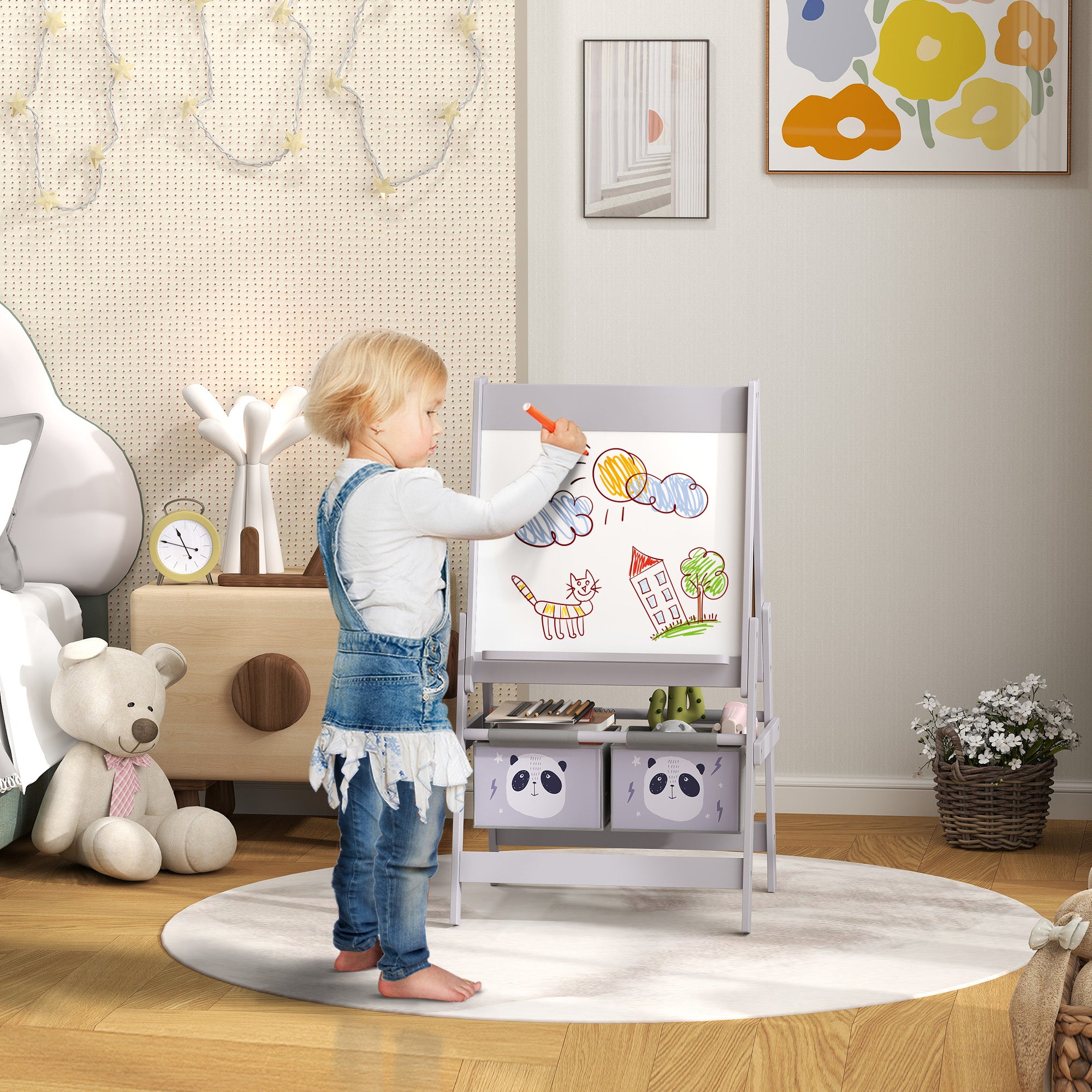 3-In-1 Kids Easel with Paper Roll, Art Easel, with Storage - Grey