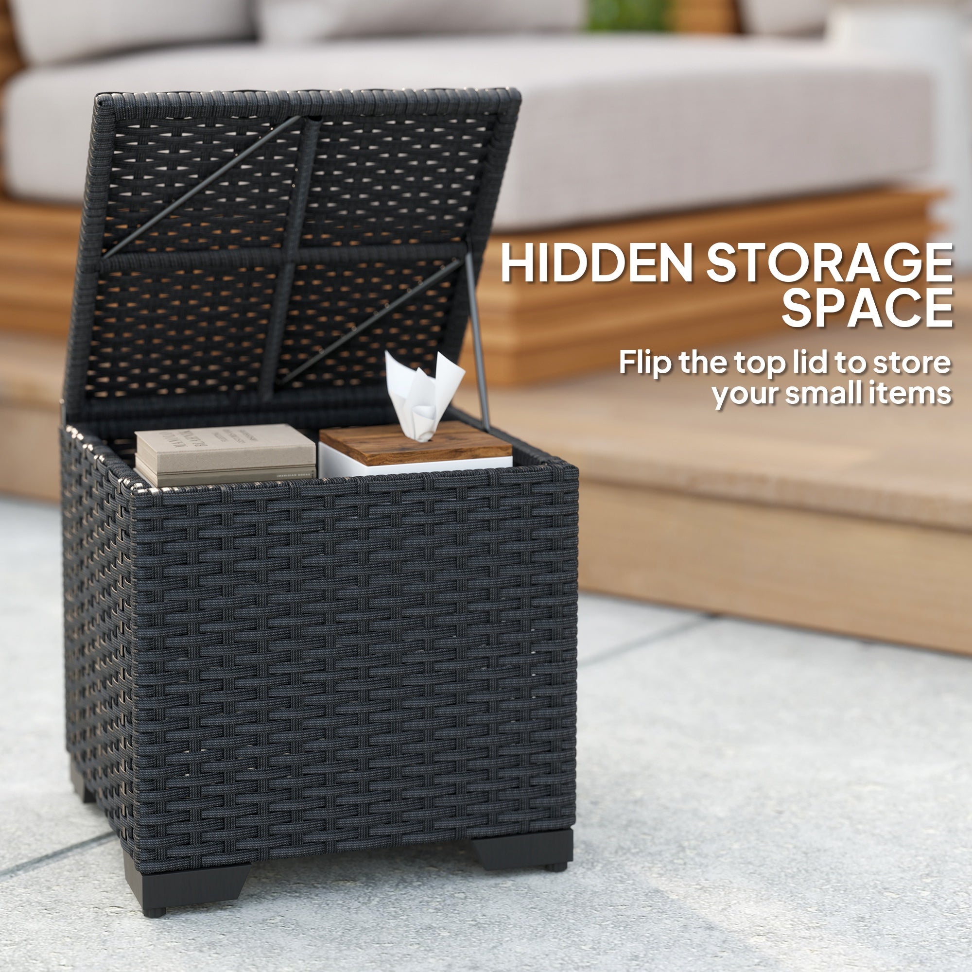 Set of 2 Rattan Storage Ottomans with Removable Cushions - Cream