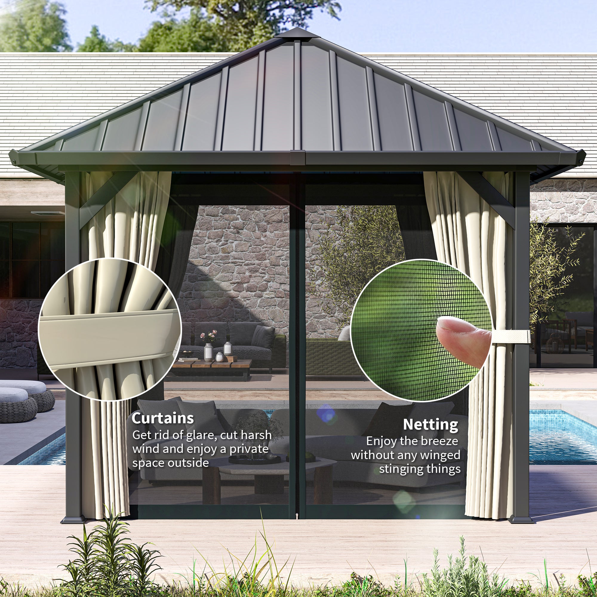 3 x 3(m) Hardtop Gazebo with Galvanised Steel Roof and Water Gutter, Waterproof Permanent Pavilion Garden Gazebo with Netting and Curtains for Patio, Deck, Black