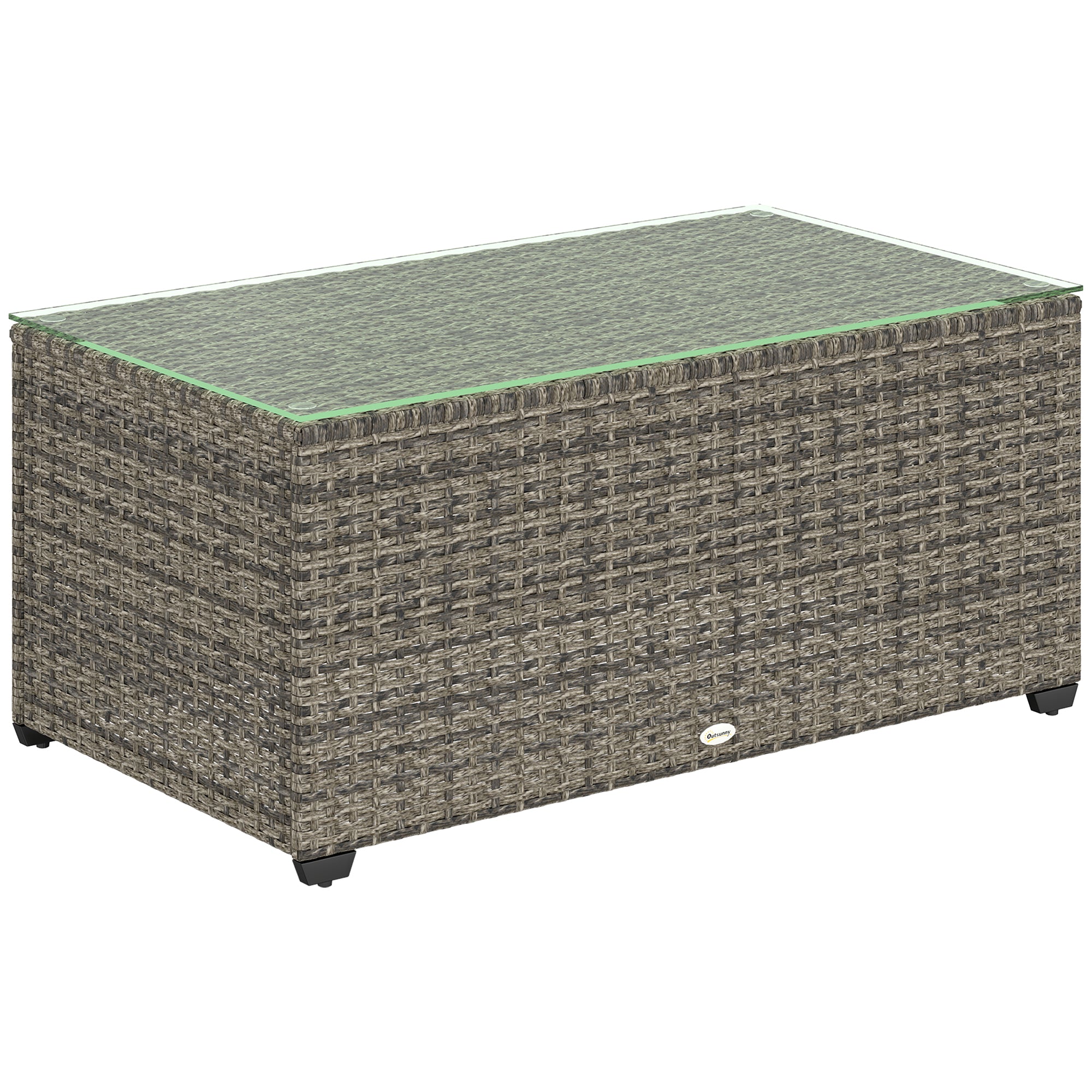 Glass-Top Rattan Side Table with Tempered Glass - Dark Grey