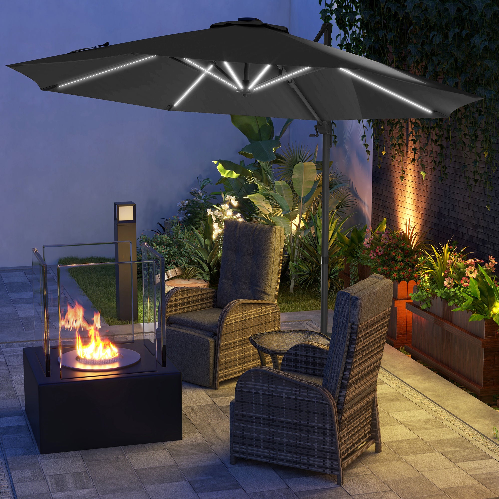 3(m) Adjustable Cantilever Parasol with Base, Solar LED Lights, Dark Grey