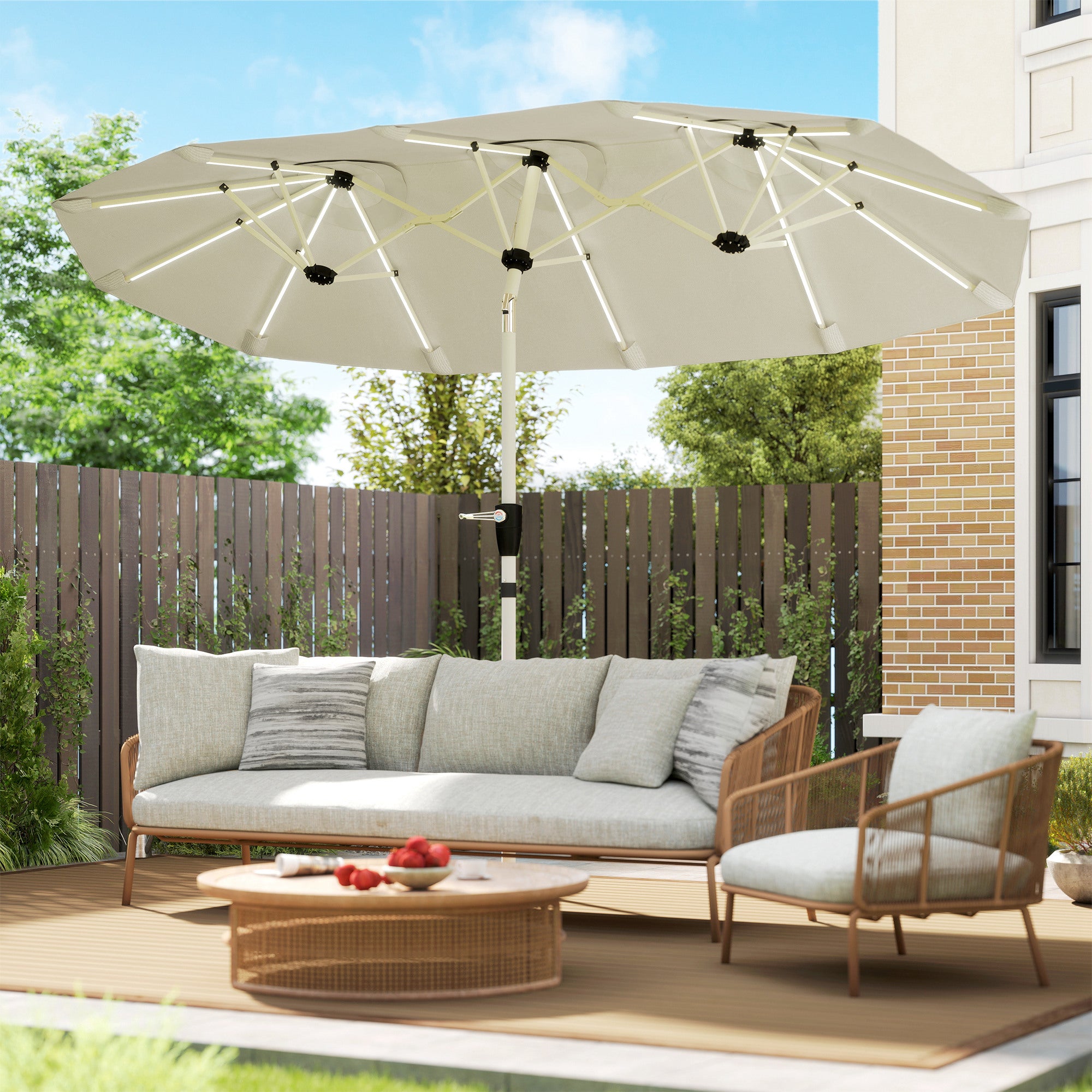 3 m Double-Sided Garden Parasol with LED Solar Lights, Outdoor Extra Large Sun Umbrella with Crank Handle, Cream White