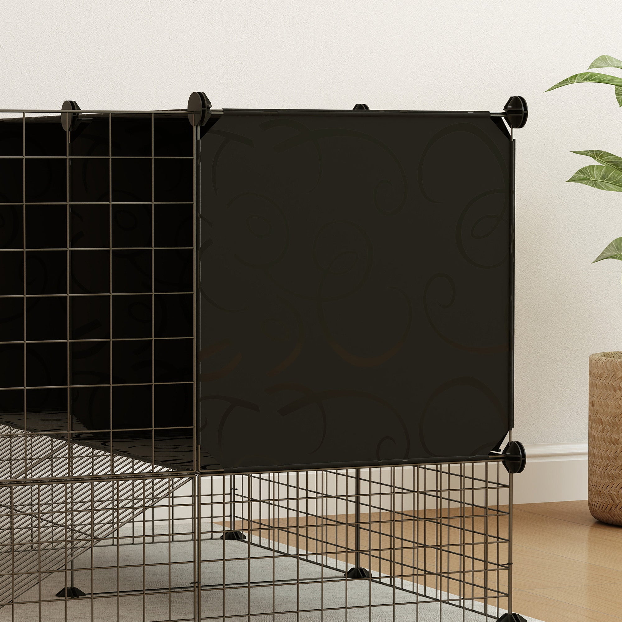 DIY Small Animal Cage with Elevated Huts, C&C Cage for Guinea Pigs, Hedgehogs, Rabbits, 31 Panels, Black