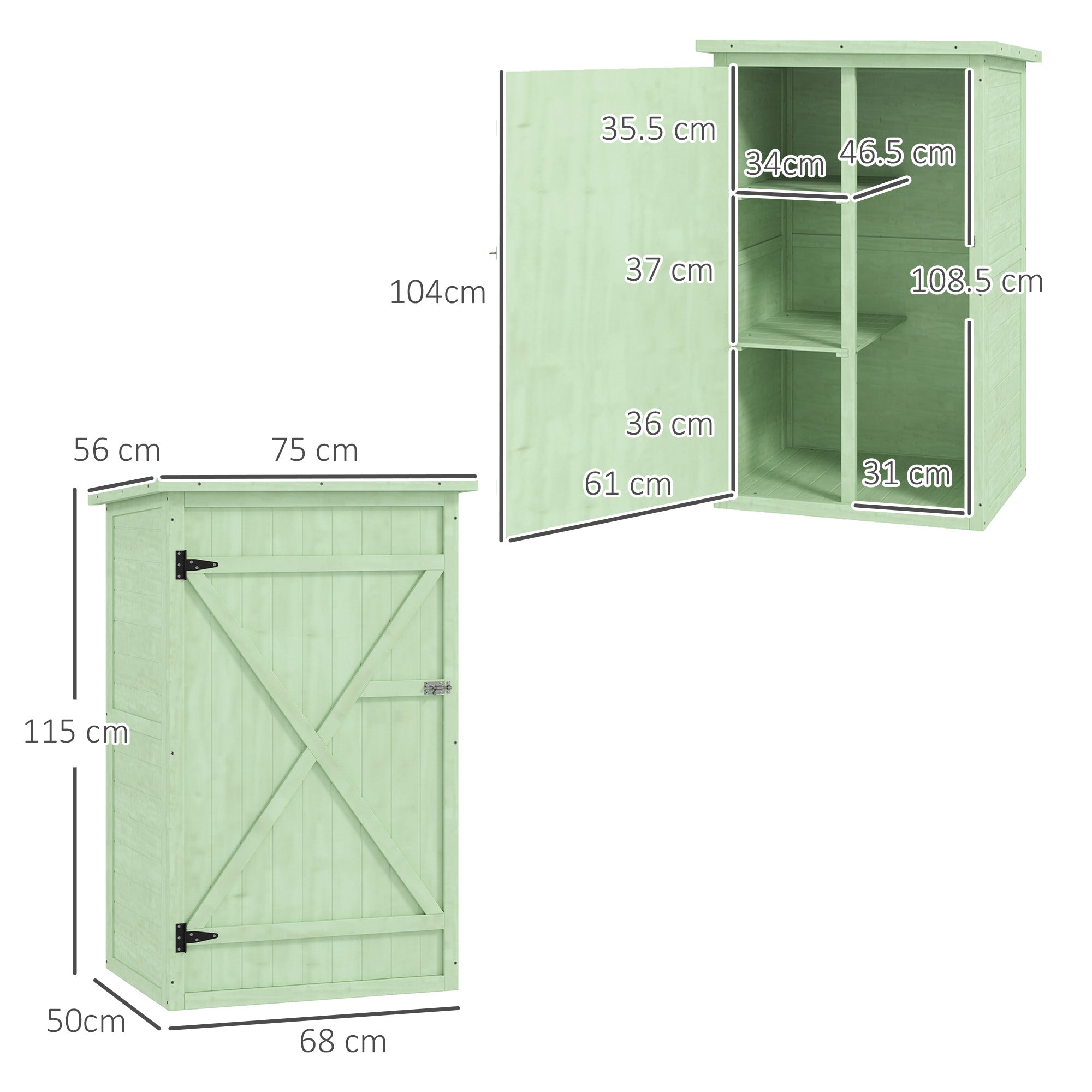 Wooden Small Garden Storage Shed with Shelves and Bolt Latch - Green