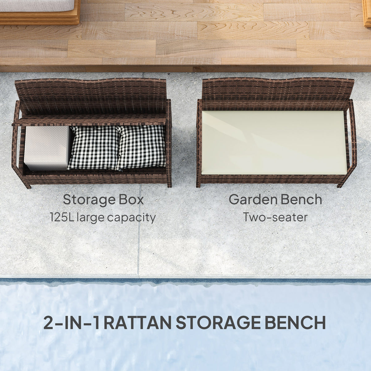 125L Garden Storage Bench with Cushion - Brown