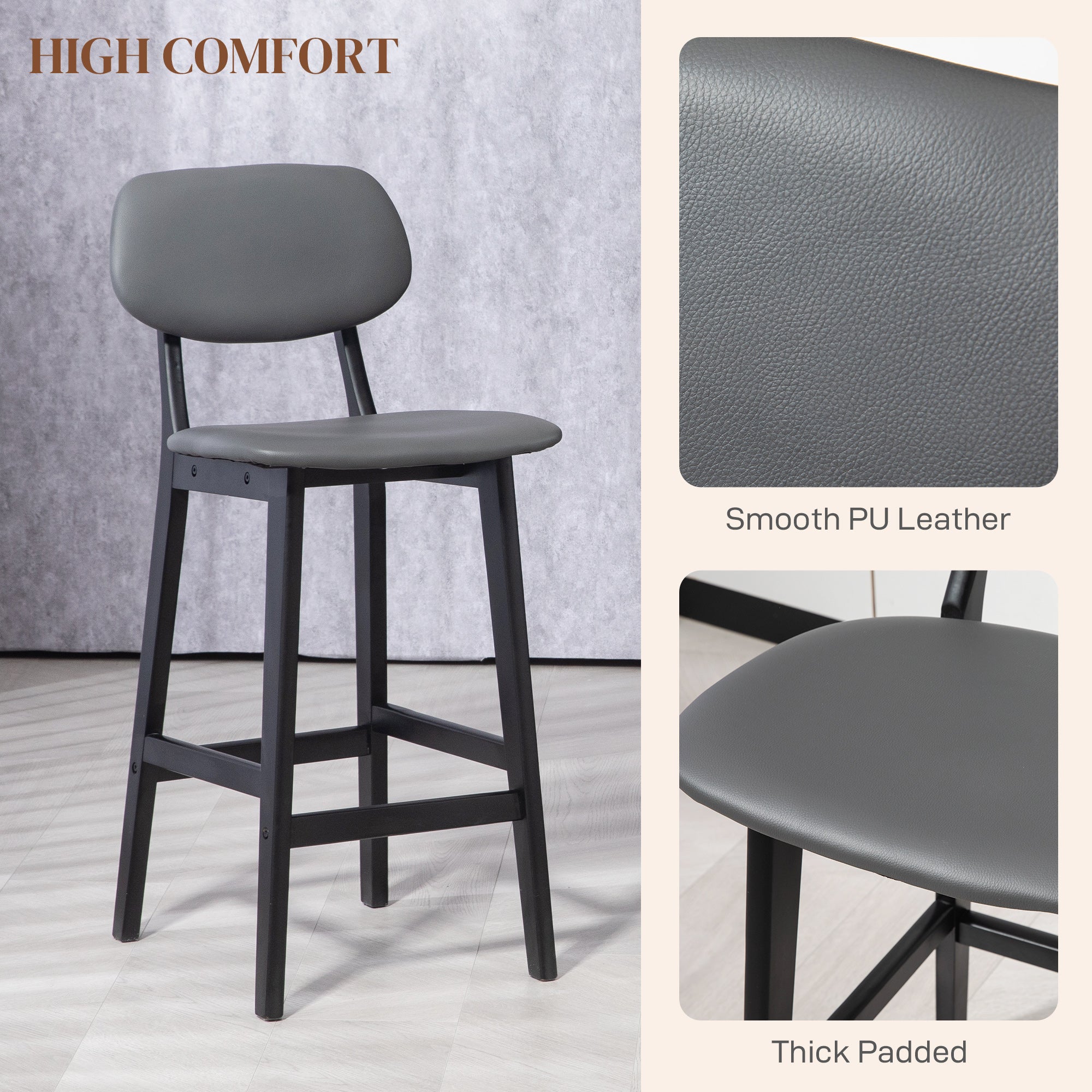 Bar Stools Set of 2, Contemporary Breakfast Bar Chairs, Faux Leather Upholstered Kitchen Stools with Backs and Solid Wood Legs, Dark Grey