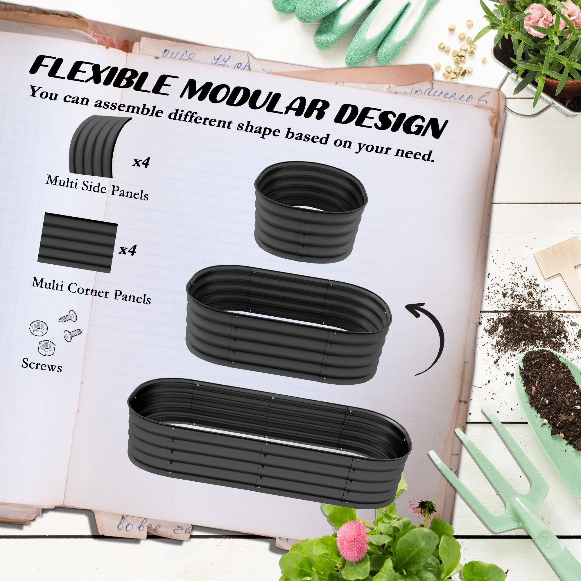 Galvanised Raised Garden Bed, Metal Planter Box with Safety Edging, for Flowers, Herbs, Succulents, Pack of 2, Dark Grey