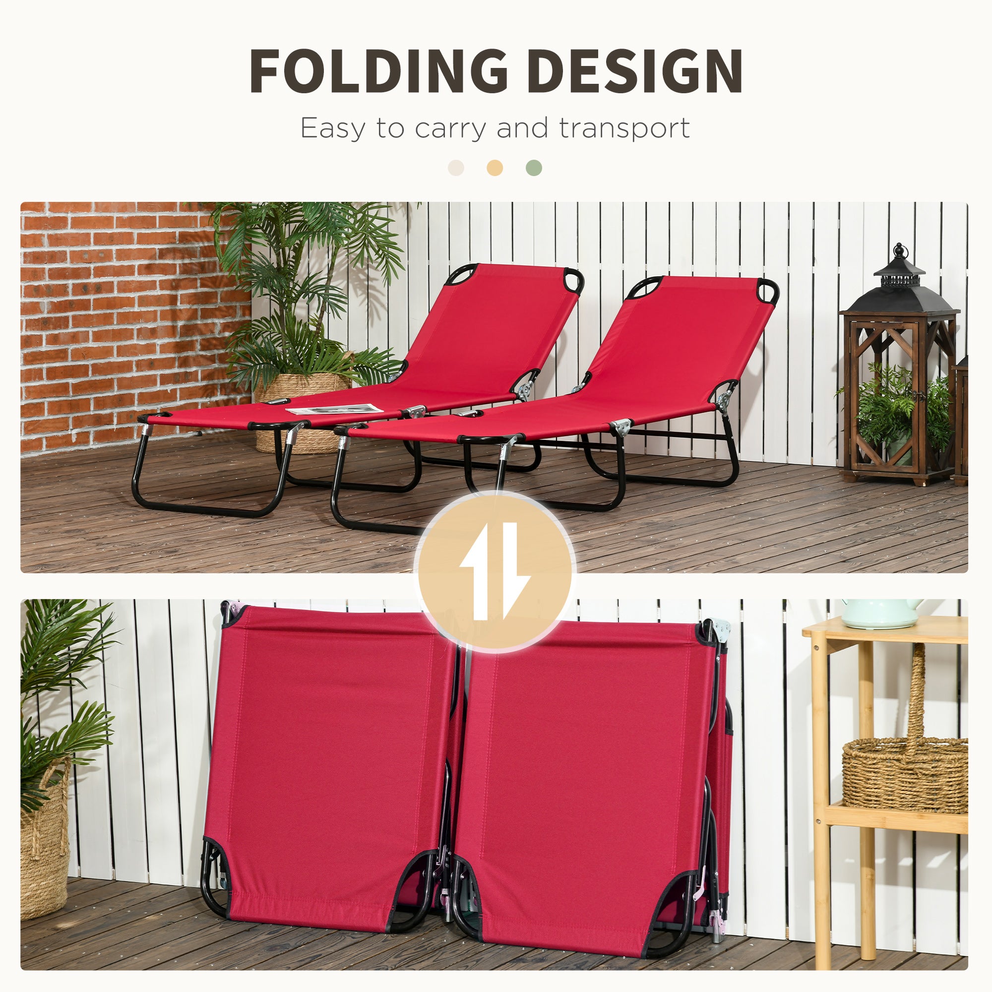 Set of 2 Folding Outdoor Sun Loungers with 5-Position Adjustable Backrest - Wine Red