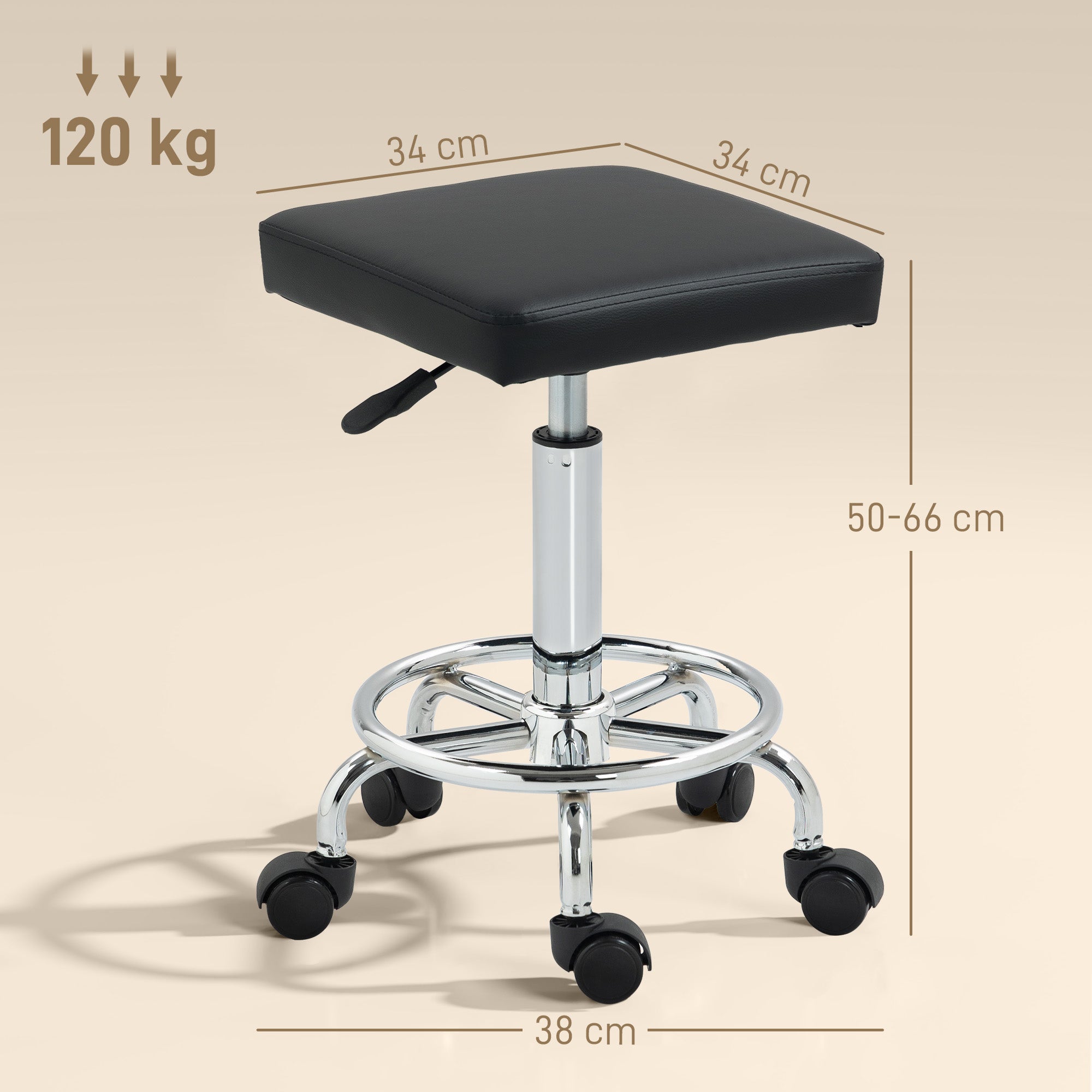 Adjustable PU Leather Rolling Stool - Black