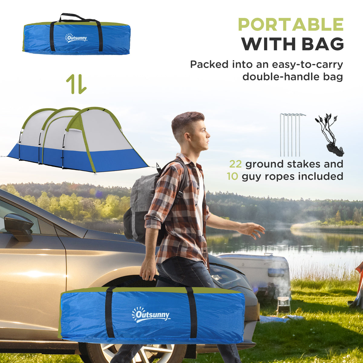 Two-Room Family Camping Tent with Porch - Green