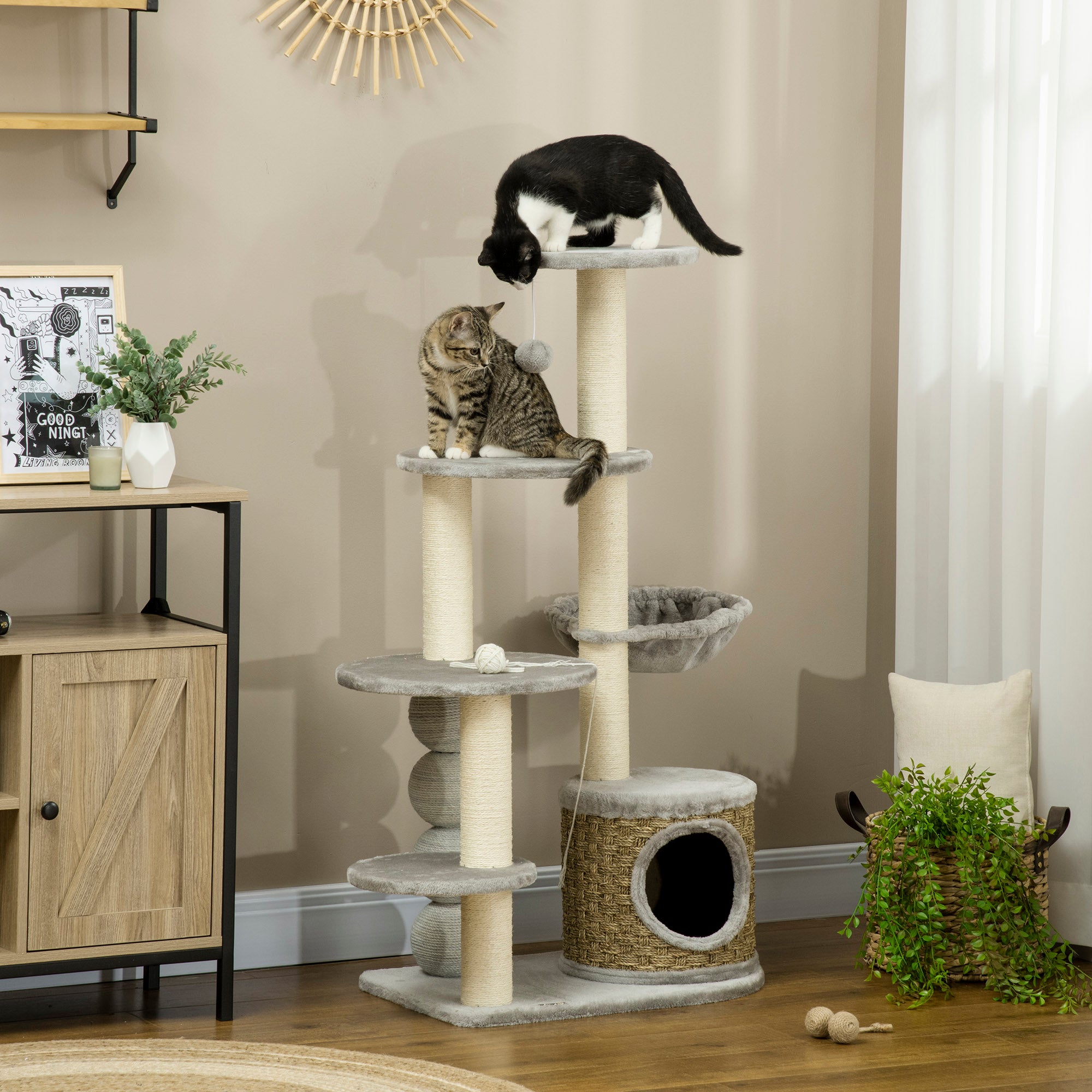 Multi Level Cat Tree, with Scratching Post, Toy Ball, Cat House and Hammock - Light grey