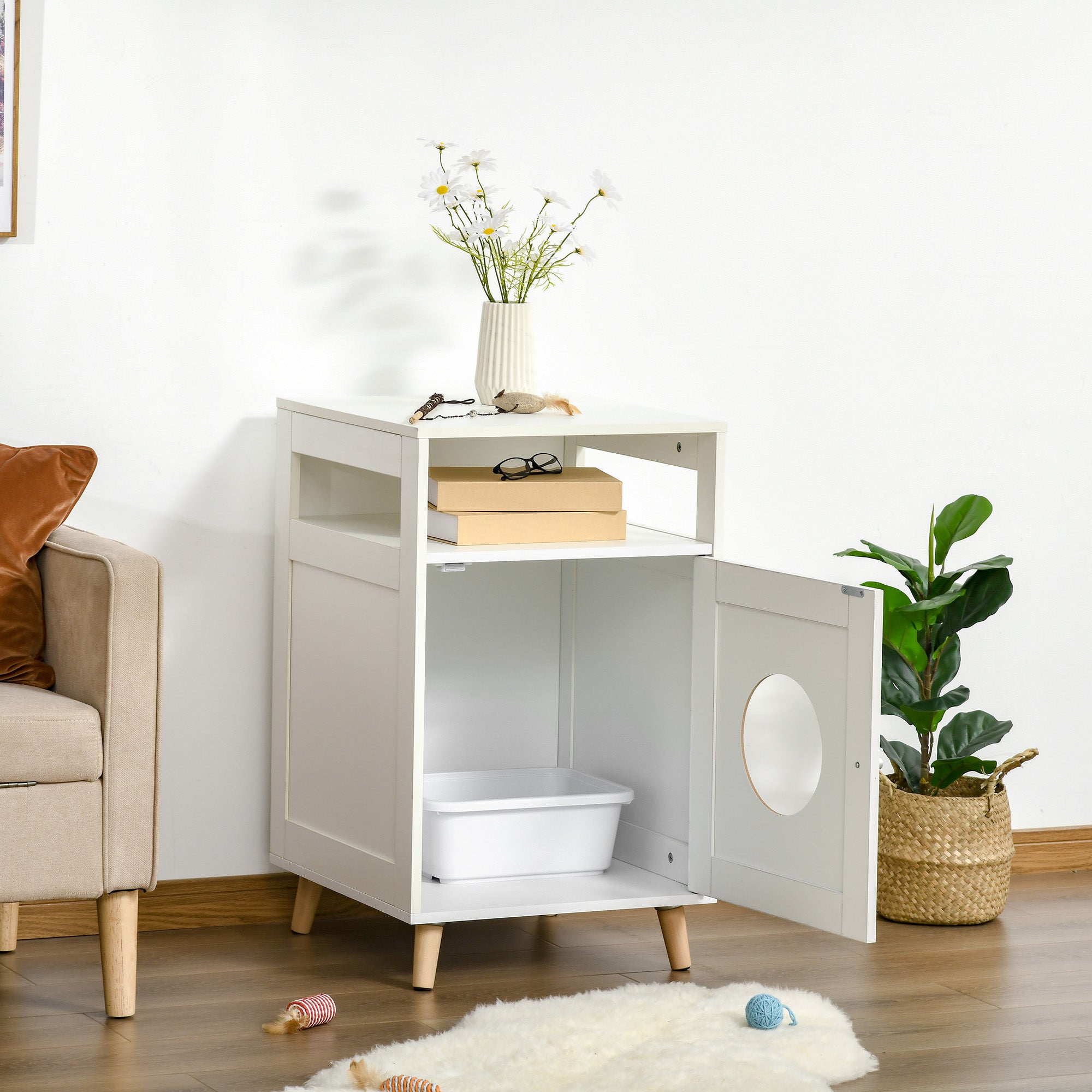 Cat Litter Box Enclosure Washroom Cave House Decorative End Table Wooden Cabinet Indoor with Magnetic Door Multiple Storage Space White