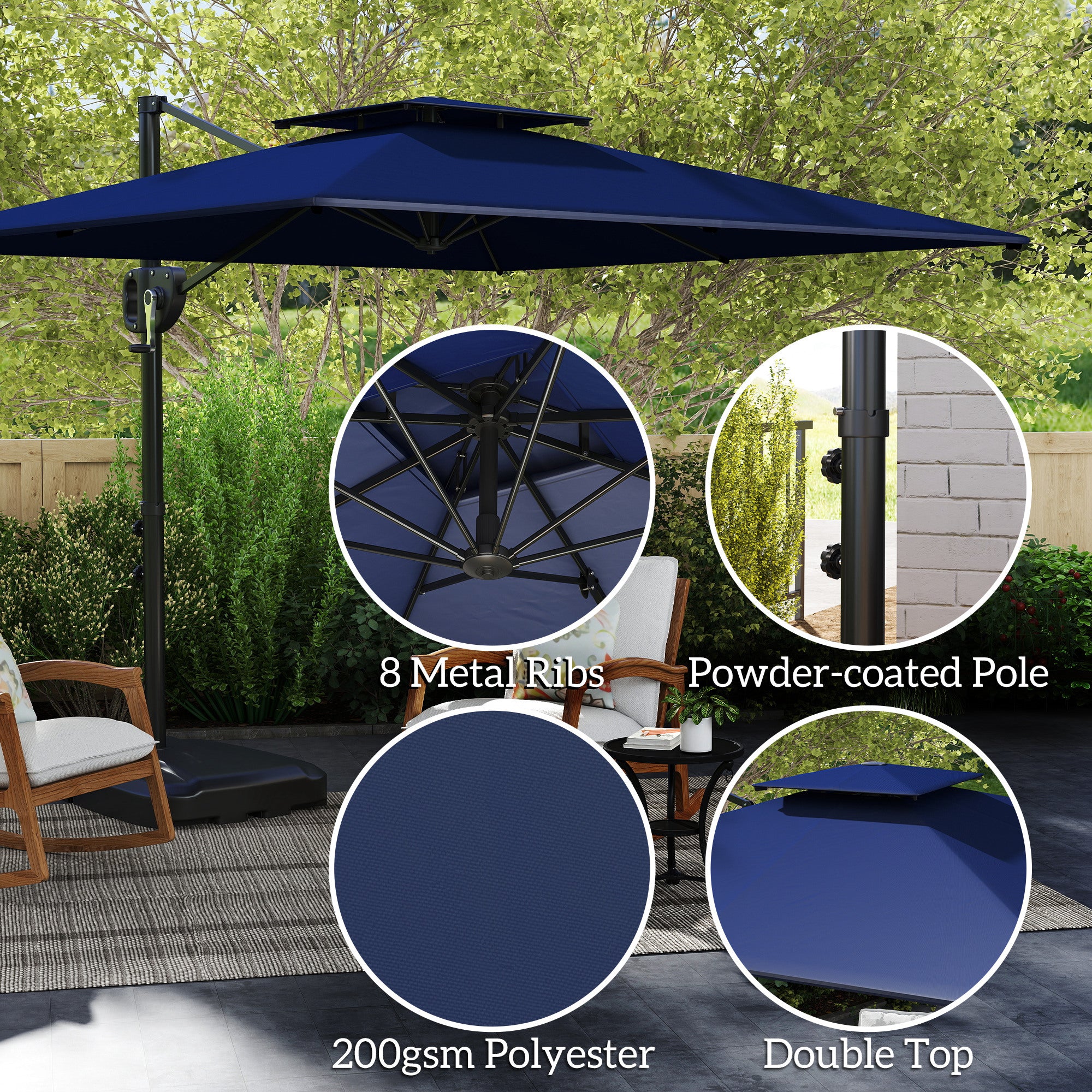 Cantilever Parasol with Weighted Base Double Top Garden Parasol Square Hanging Patio Umbrella with Crank Tilt Dark Blue