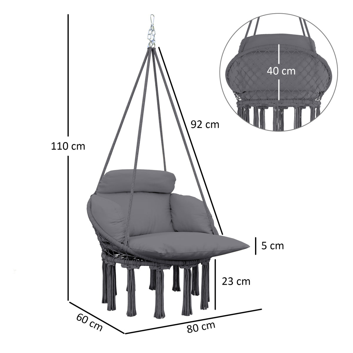 Hanging Hammock Chair with Soft Cushion Set and Steel Frame - Dark Grey