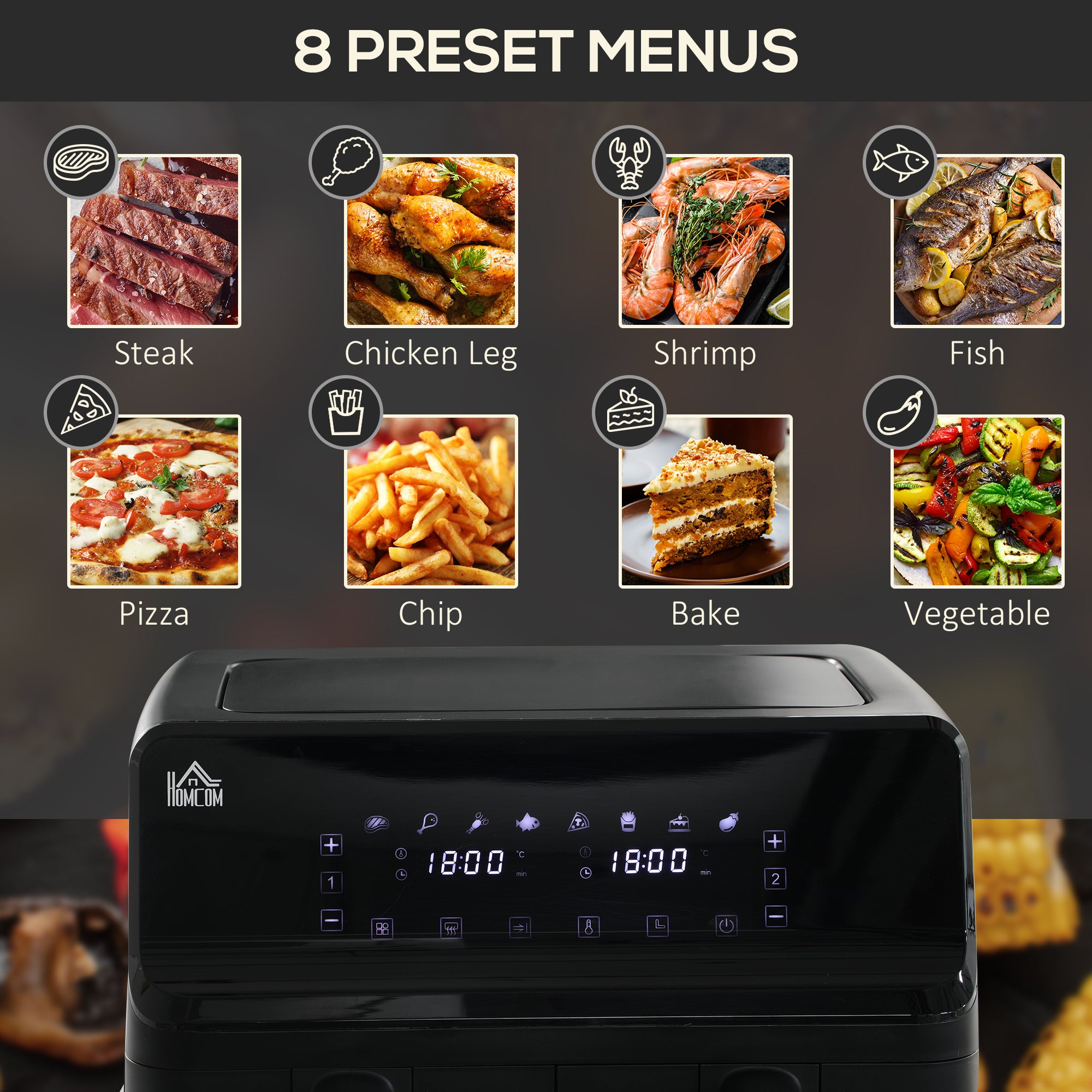 8L 200°C Double Air Fryer, with 8 Preset Menus and Digital Display - Gold Tone/Black