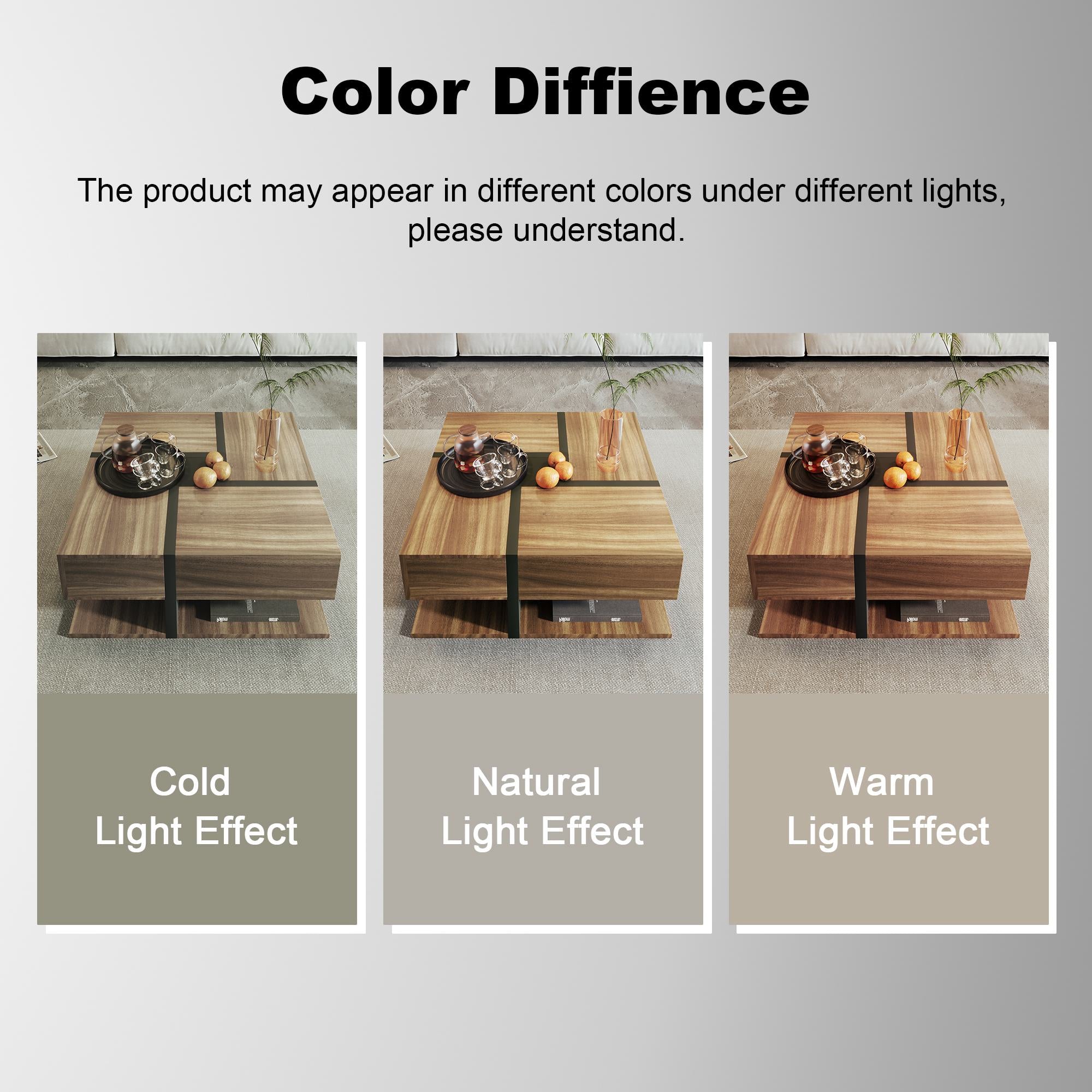 Square Coffee Table with 4 Drawers, Unique Pattern, Bottom Storage, 78L x 78W x 36H cm, Natural