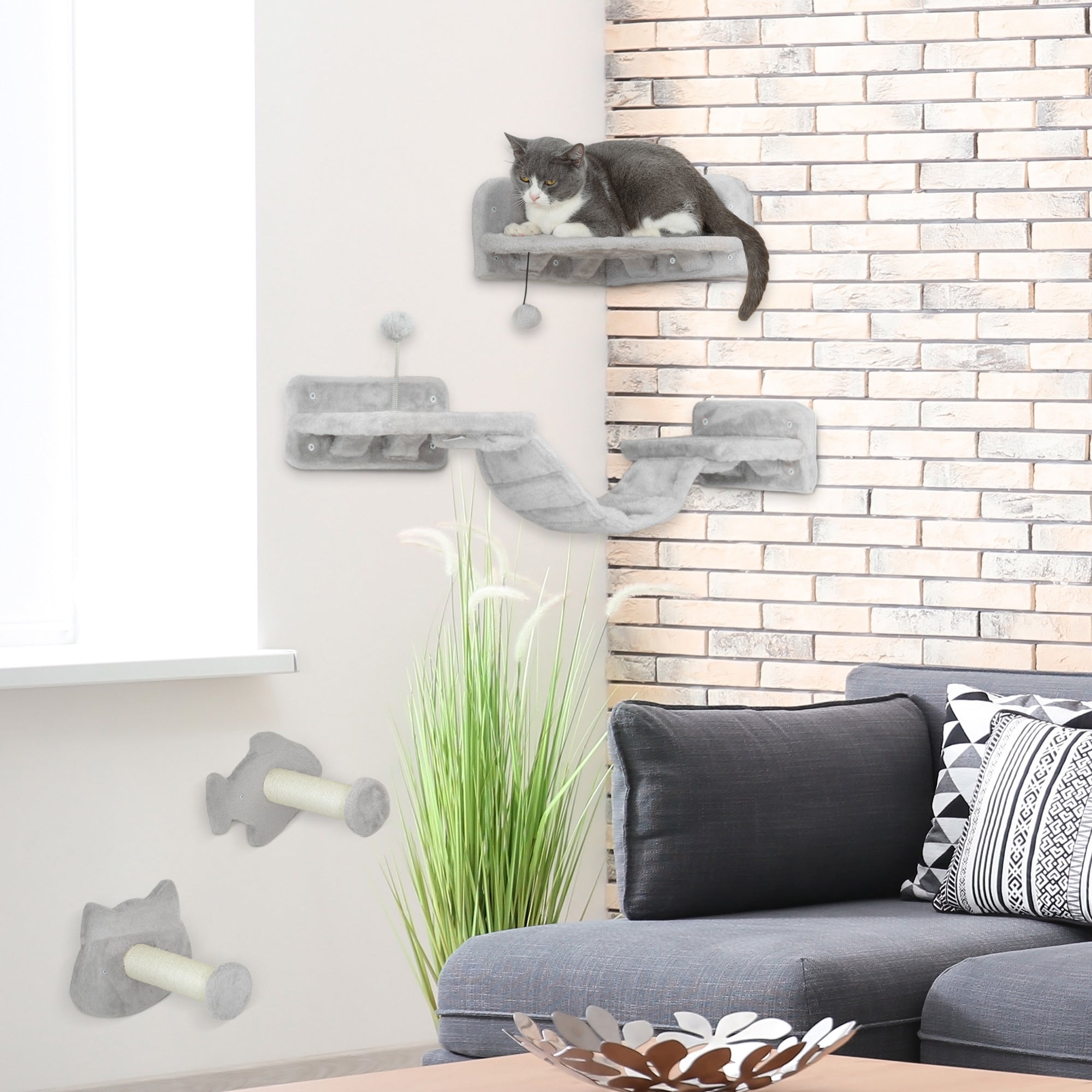 4PCs Cat Wall Shelves with Steps, Ladder, Jumping Platforms, Light Grey