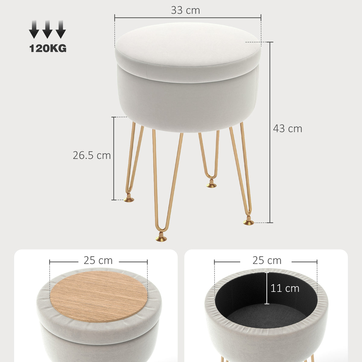 5L Velvet-Feel Storage Ottoman with Gold Legs - Cream White