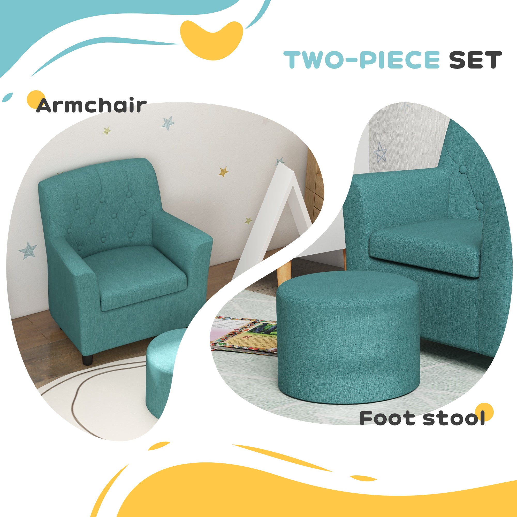 2PCs Kids Sofa Set with Footrest, for Playroom, Bedroom, Blue