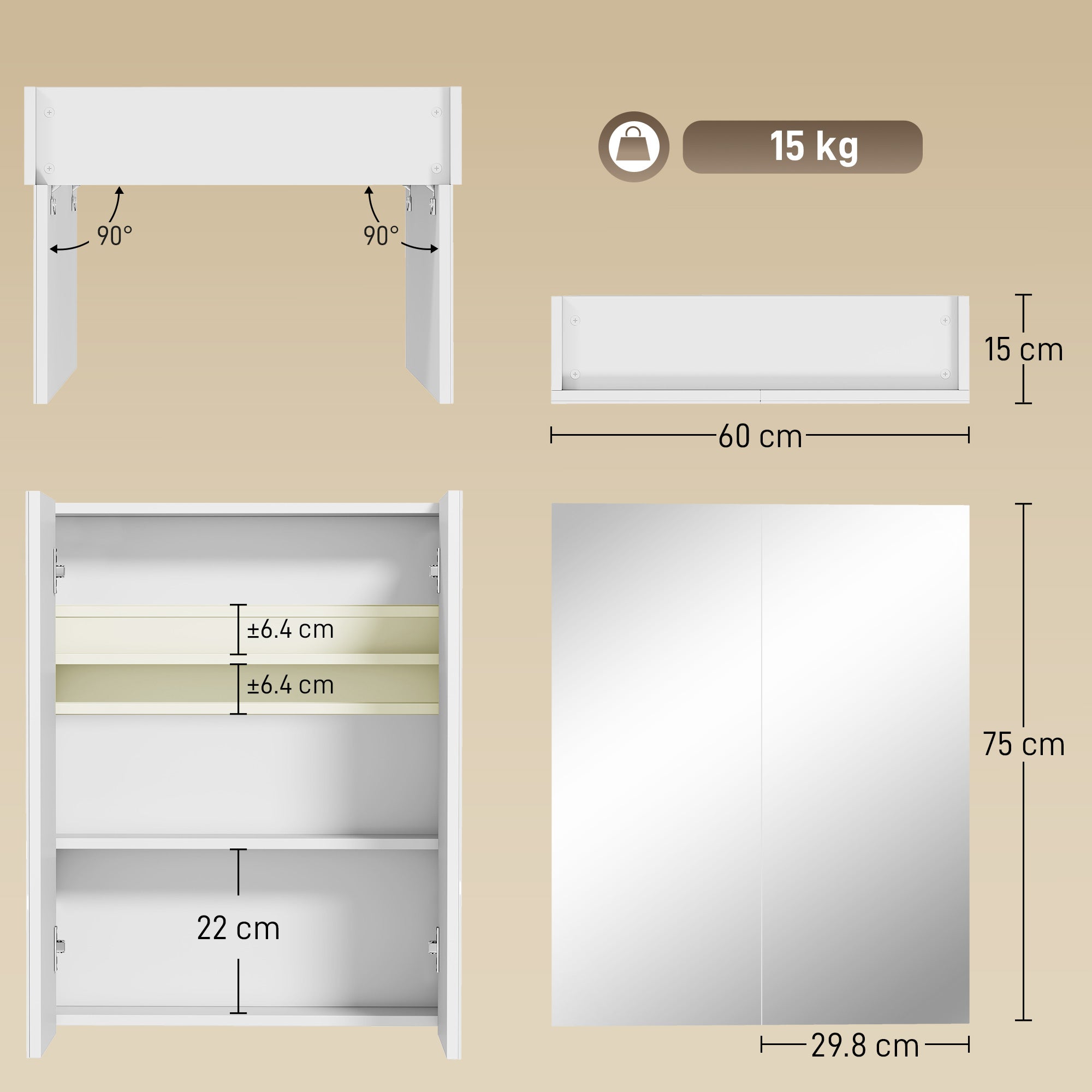 Wall Mounted Bathroom Mirror Storage Cabinet w/ Door Adjustable Shelf, White