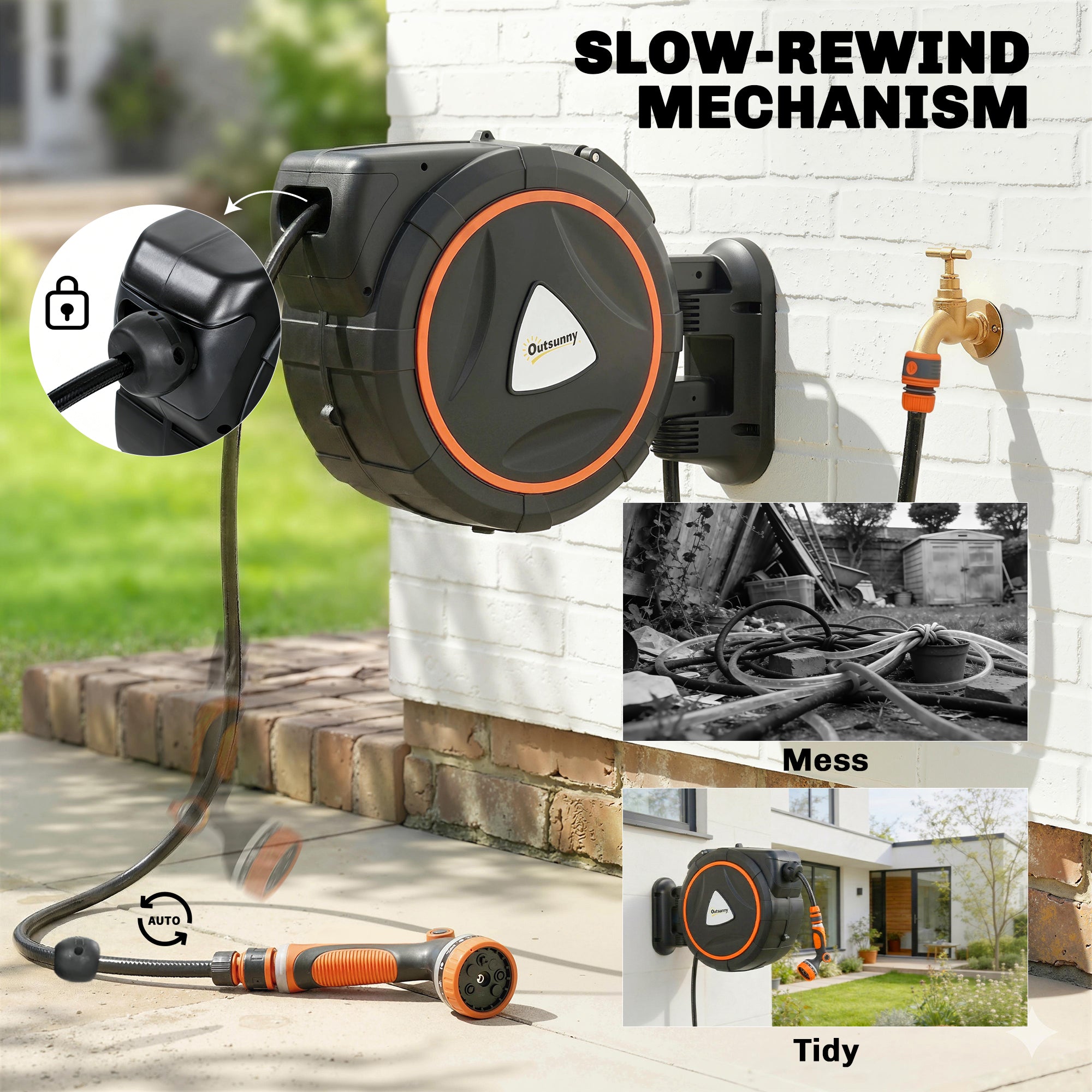 23+2m Retractable Hose Reel Wall Mounted with Auto Retraction, Self-Locking, Slow Return System, 12-Pattern Nozzles