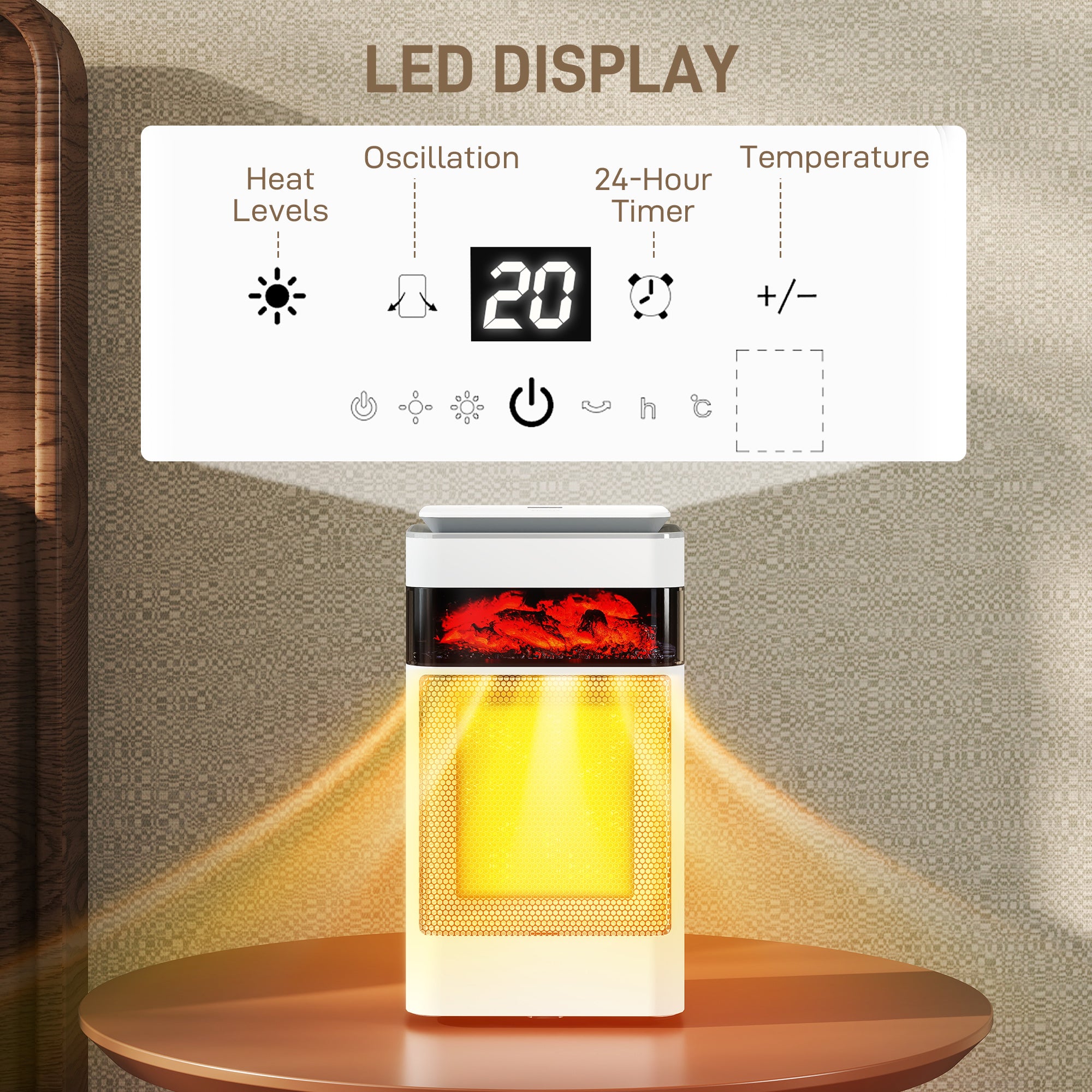 Ceramic Electric Heater, 1500W Fan Space Heater with 3 Modes, 24H Timer, Flame Effect, Oscillation for Bedroom, White