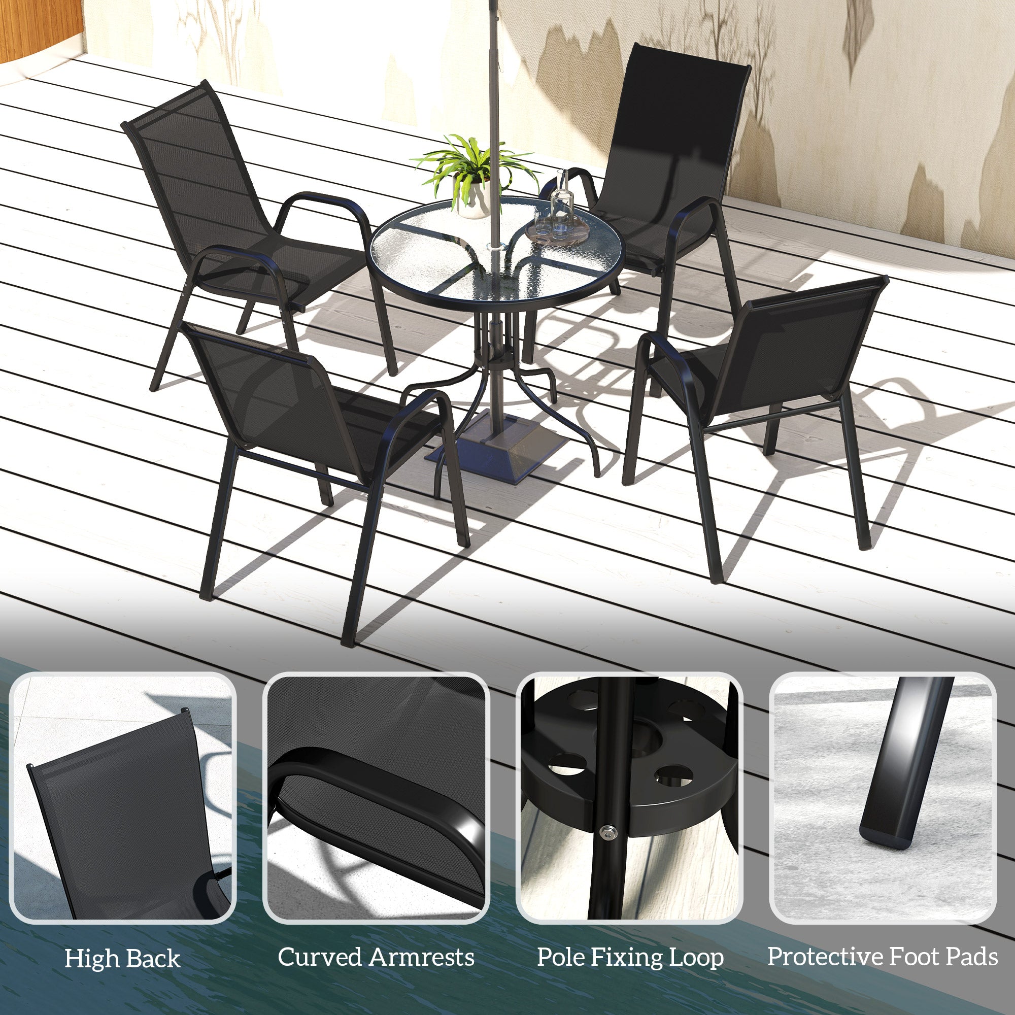 Five-Piece Steel Patio Set, with Glass-Top Table - Black